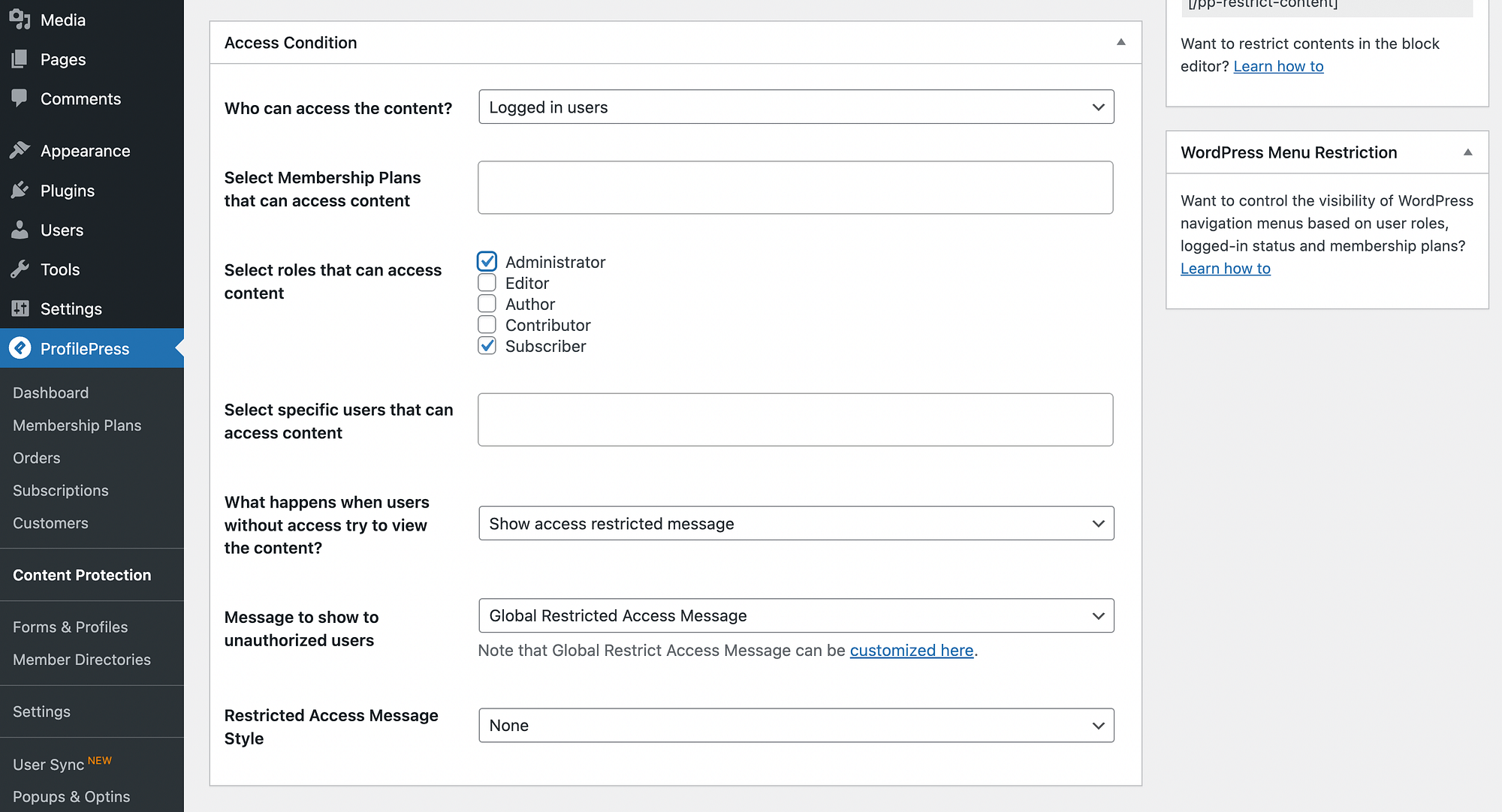 Choosing access conditions in ProfilePress.