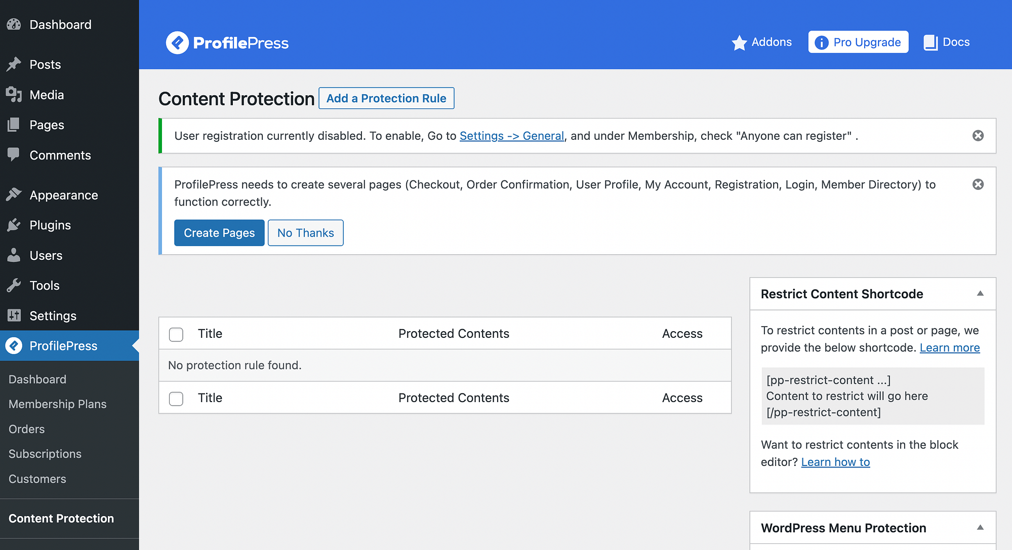 Добавление правила защиты в ProfilePress для ограничения контента в WordPress.
