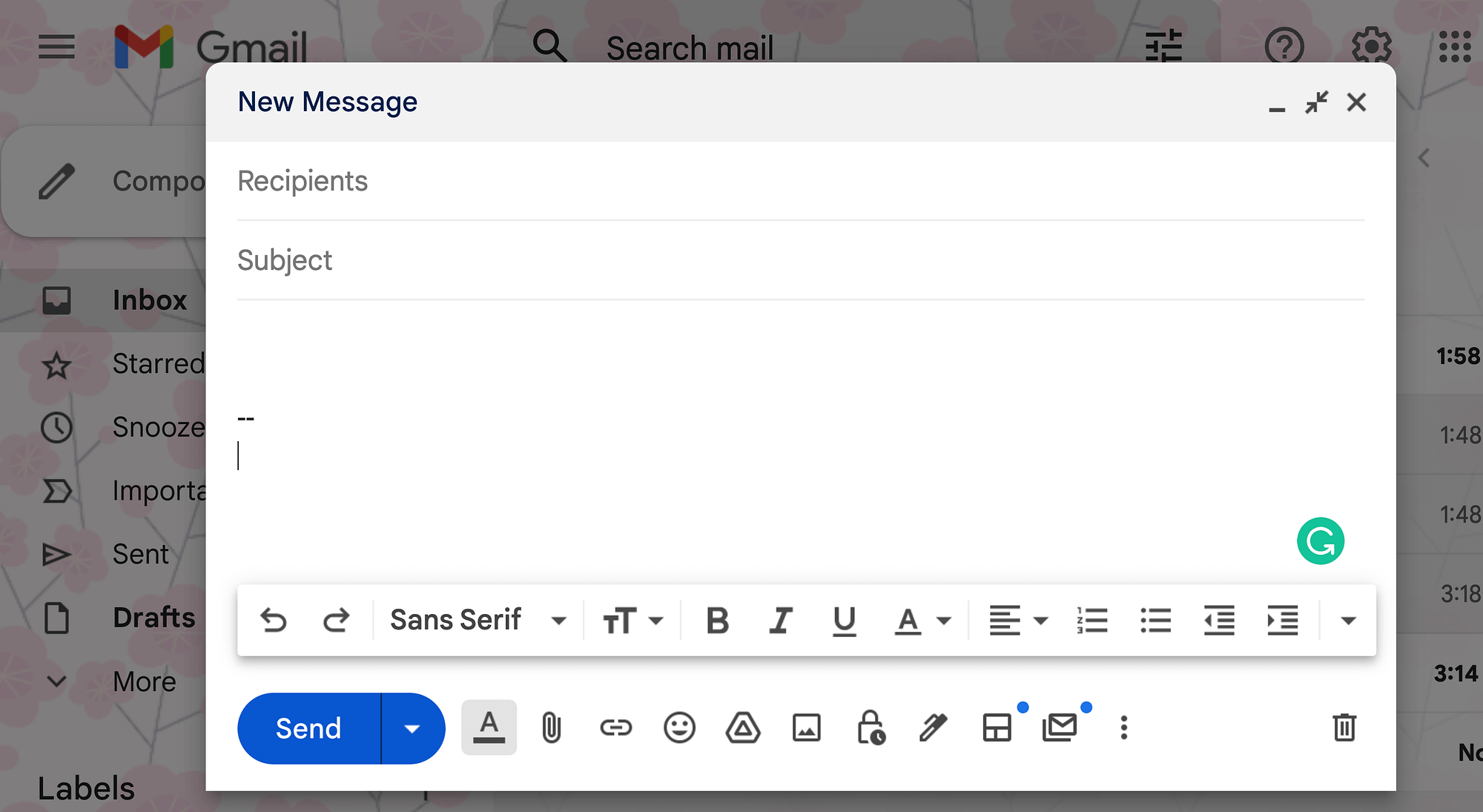Composing an email in Gmail.