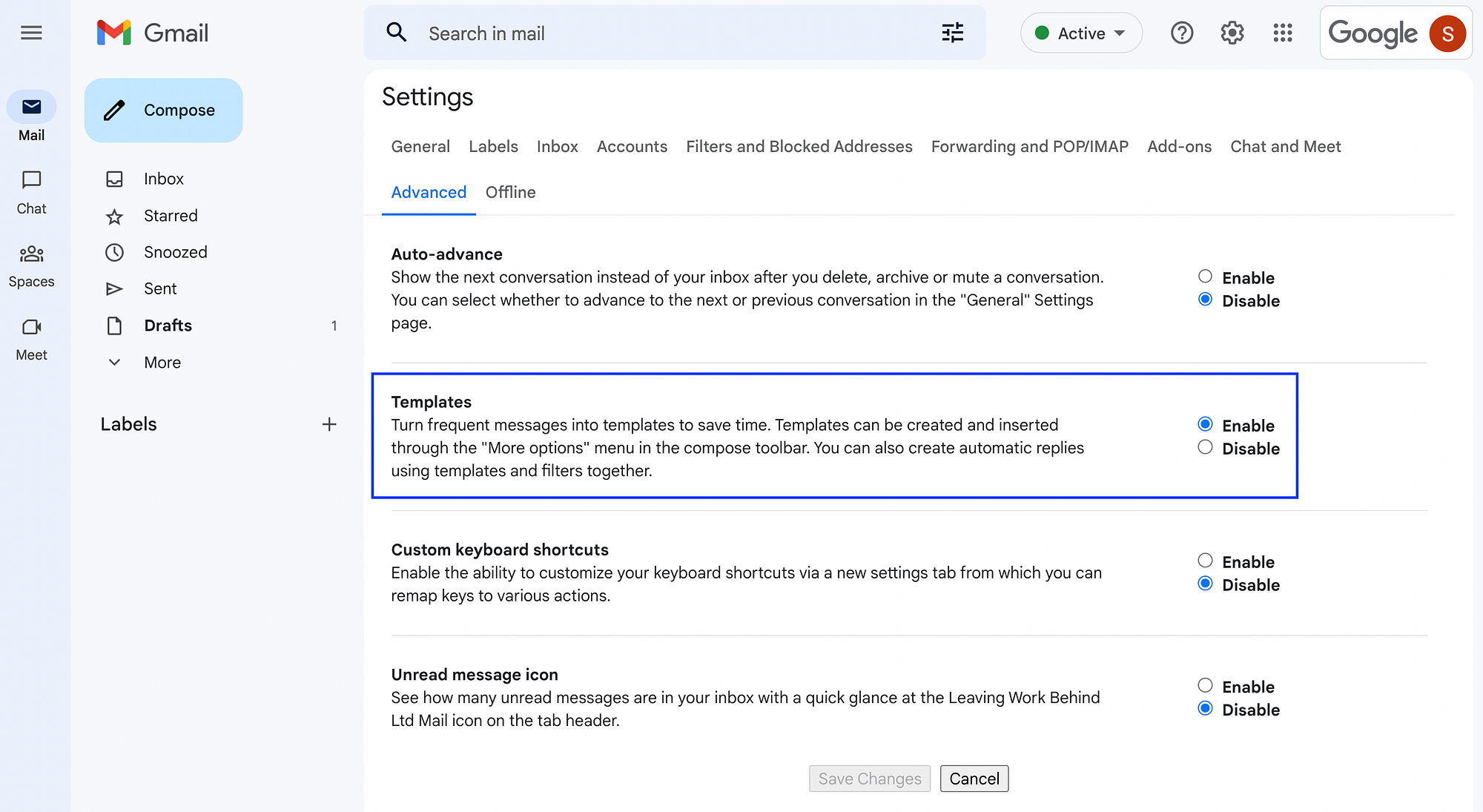 Enable Templates in Advanced Gmail settings.