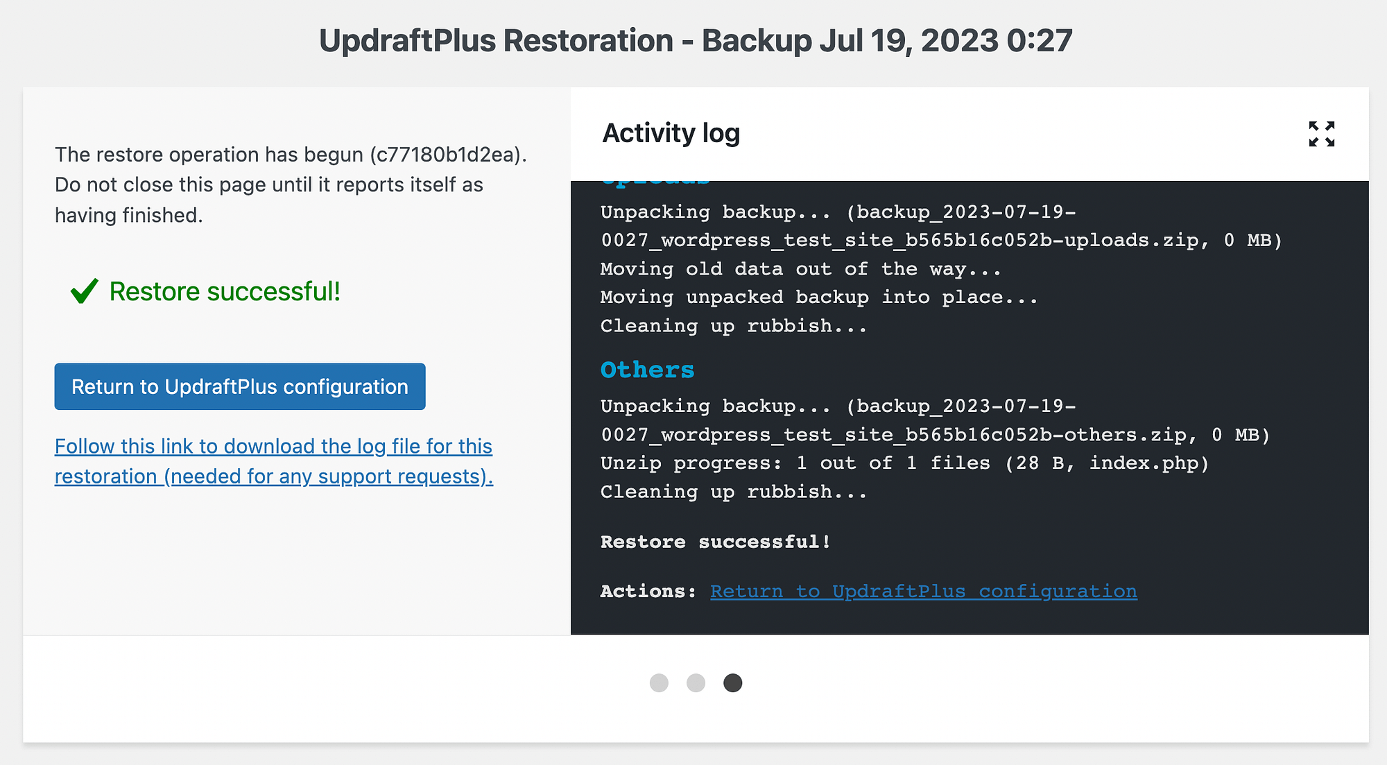 How to backup a WordPress site for free: Successful UpdraftPlus restore.