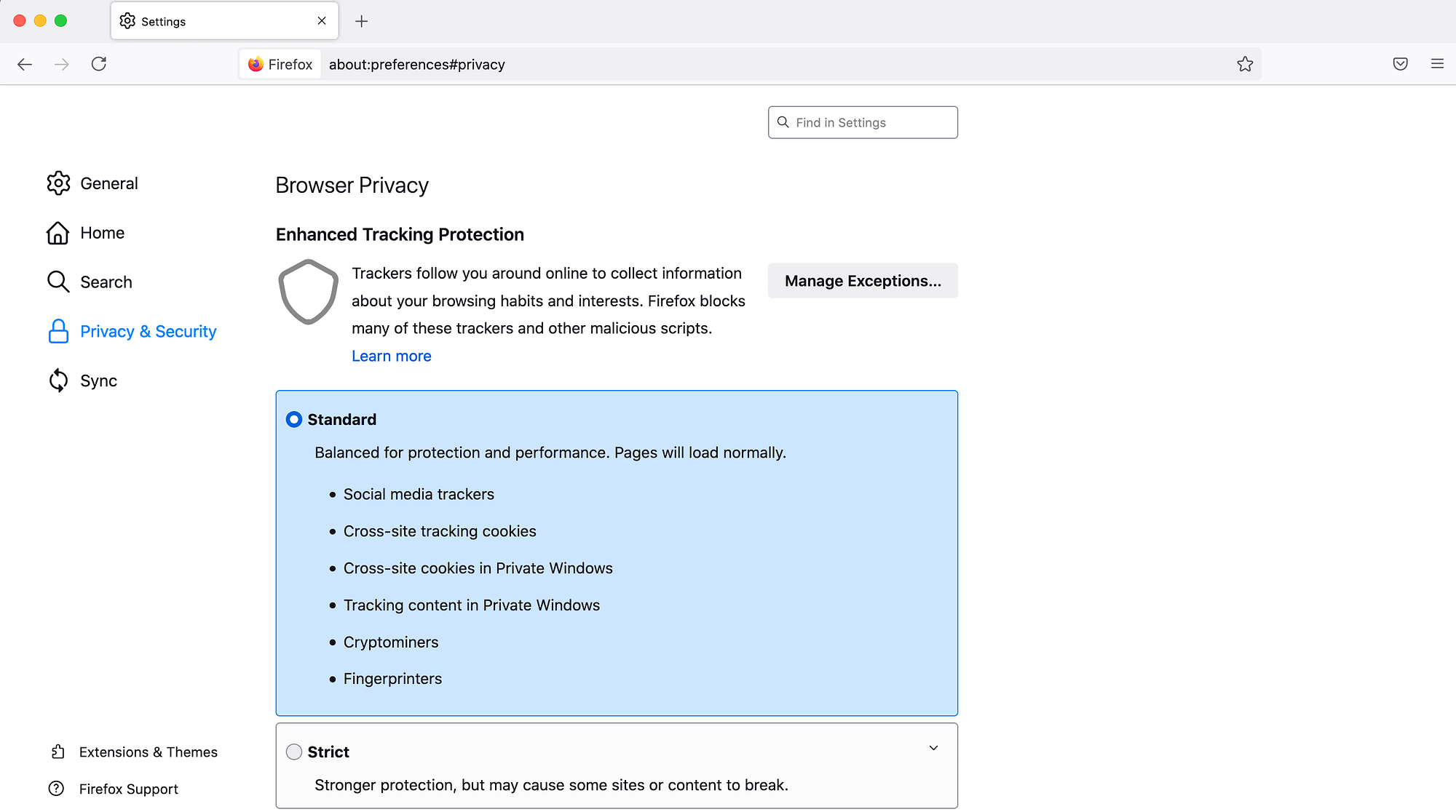 Mozilla Firefox's Privacy & Security settings.