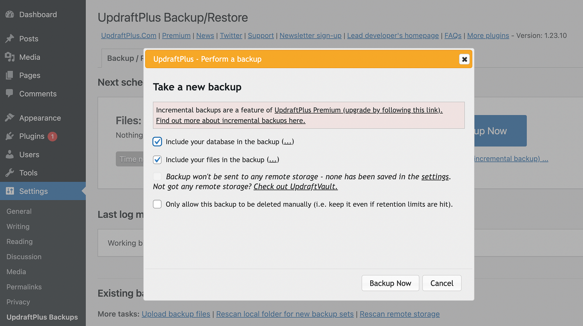 UpdraftPlus choose backup type.