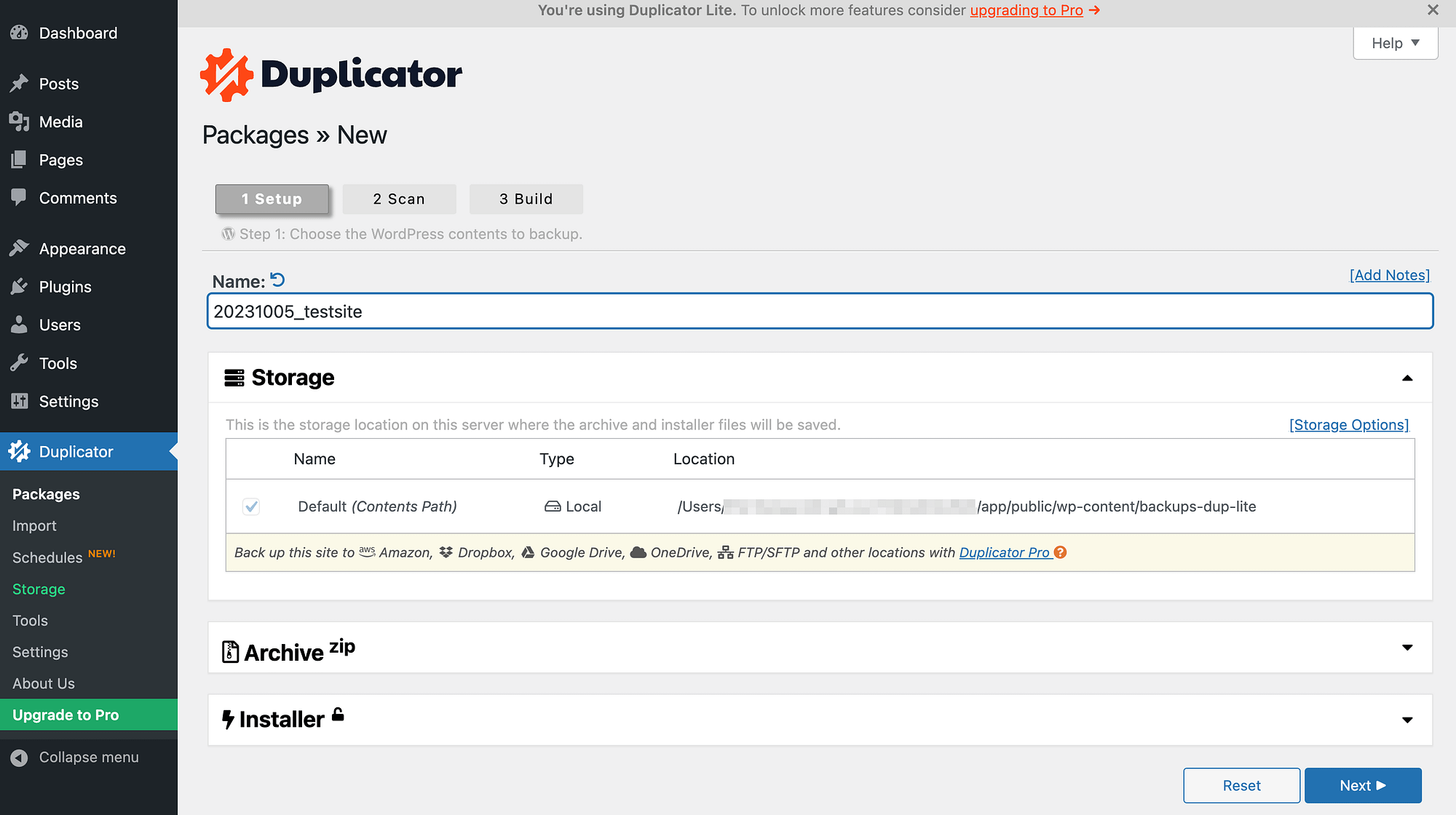 Creating your first package in Duplicator.