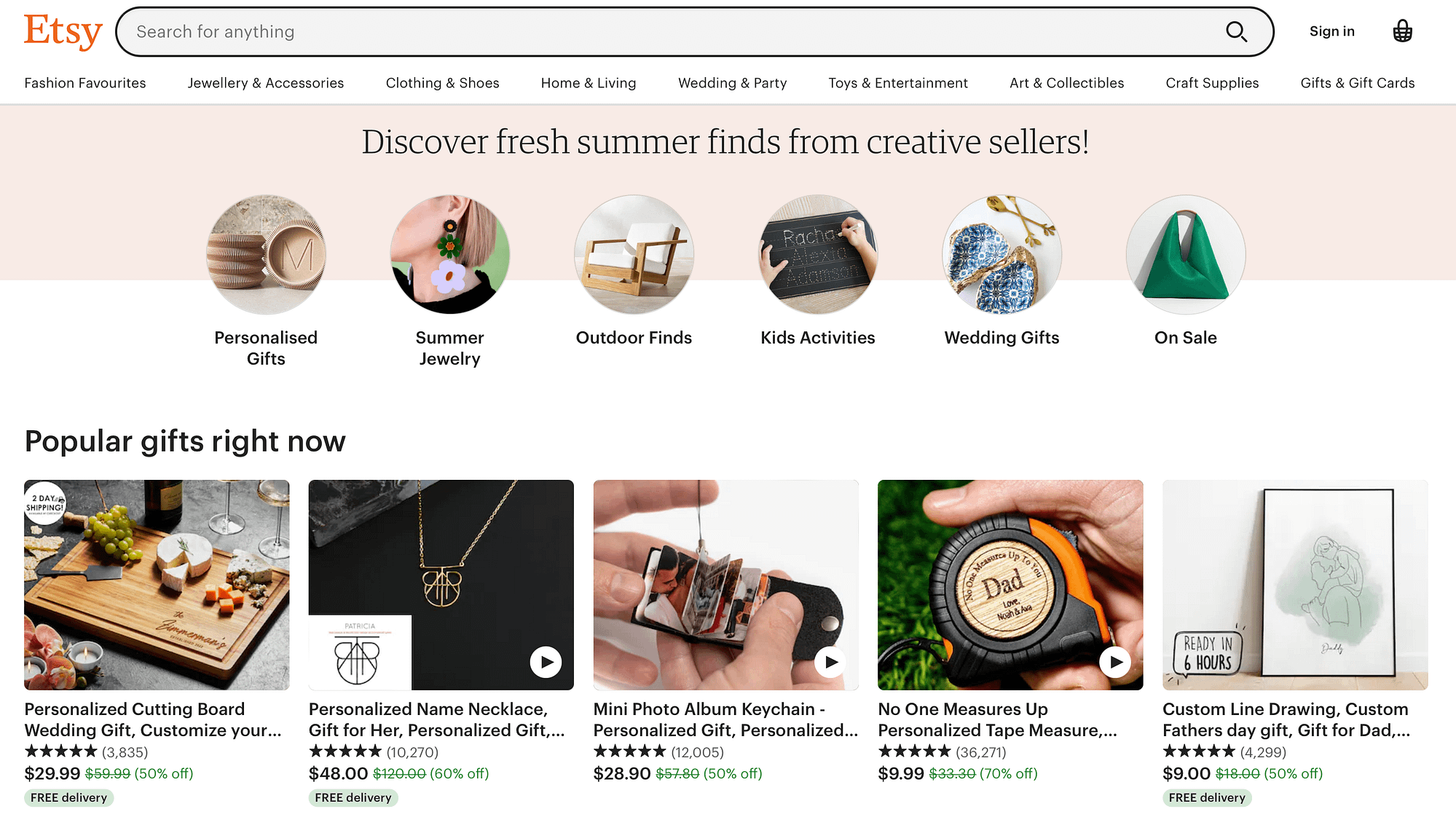 Etsy homepage.