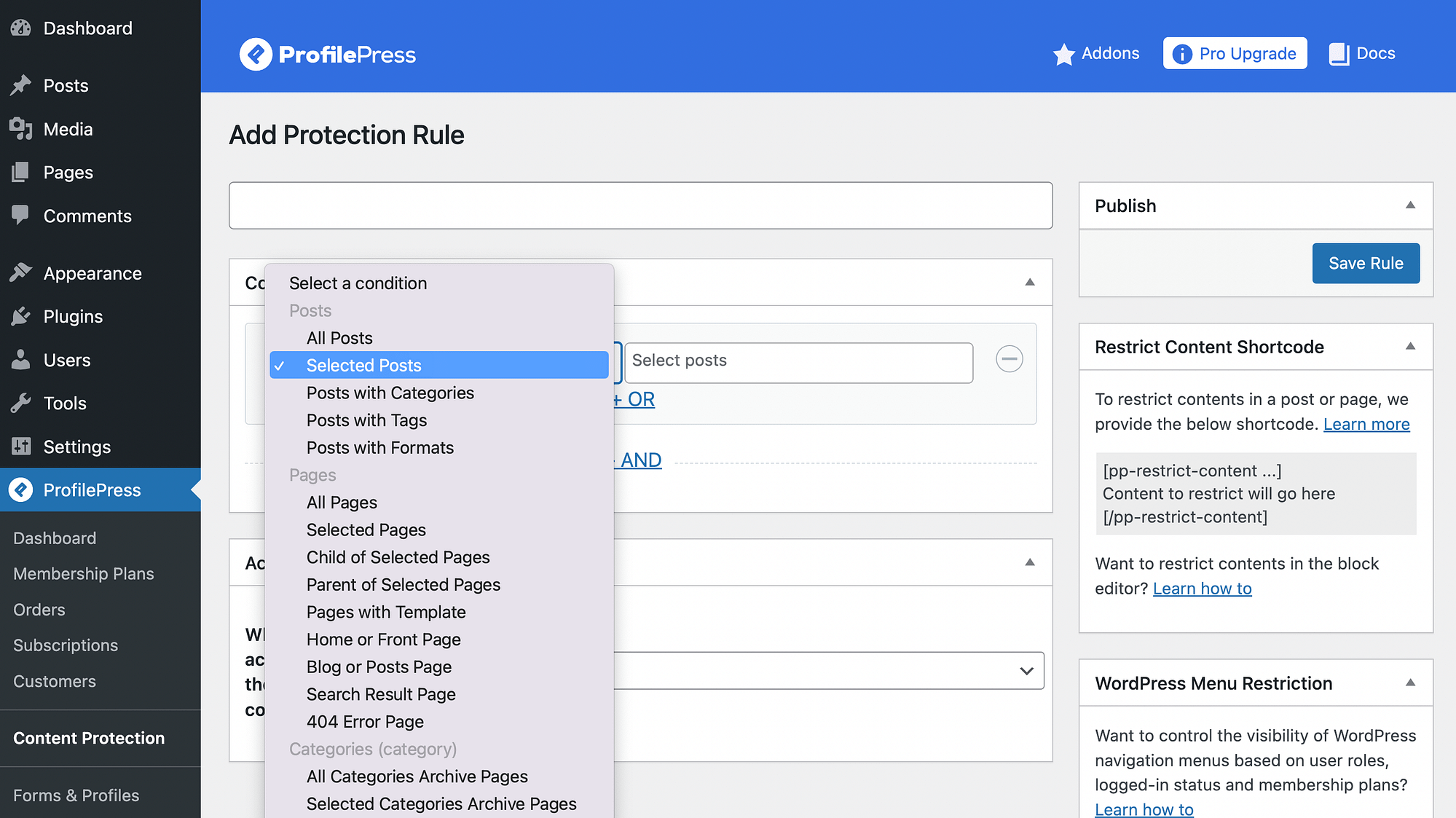 Selecting content to restrict in WordPress.