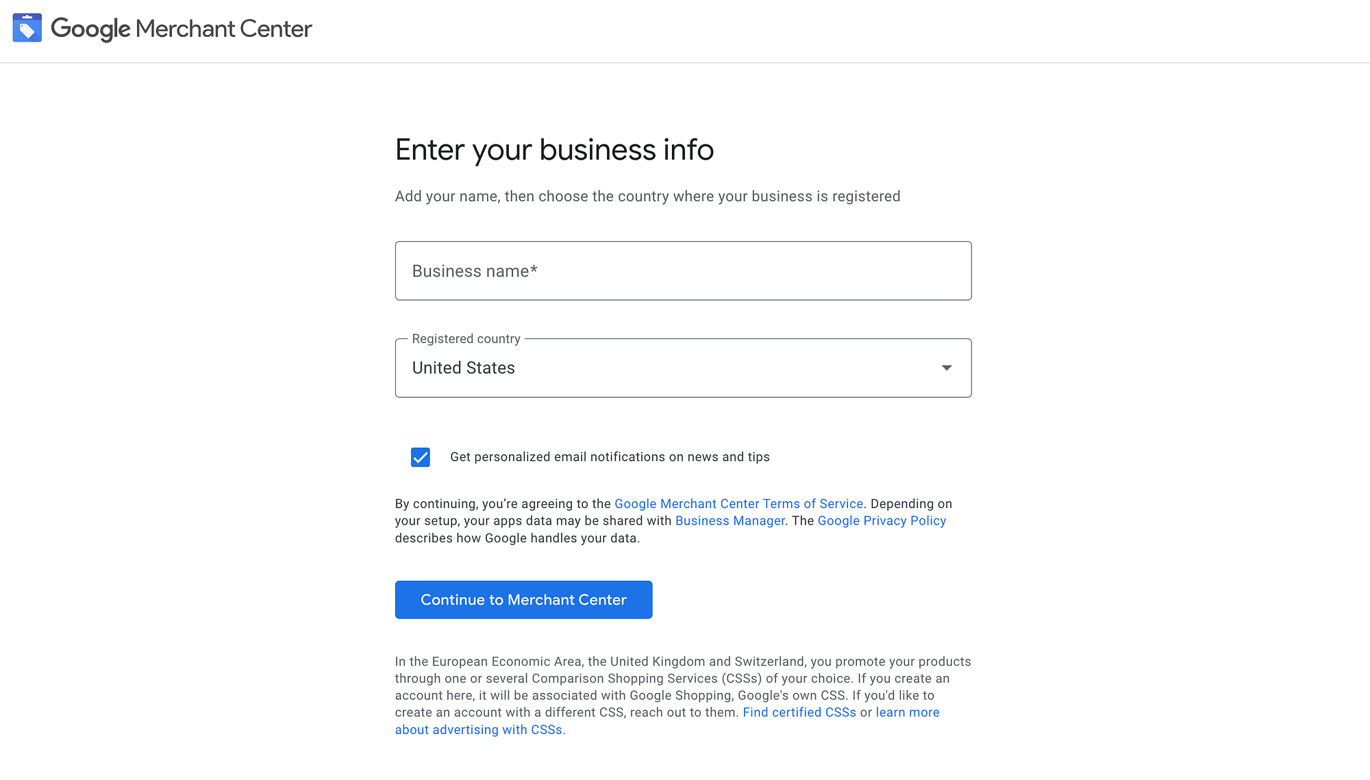 The enter business information in Google Merchant Center page.