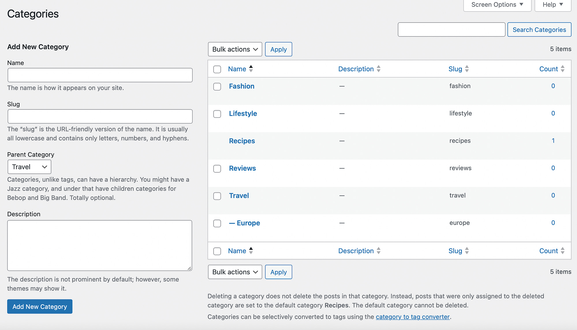 Adding a child category via the WordPress dashboard.