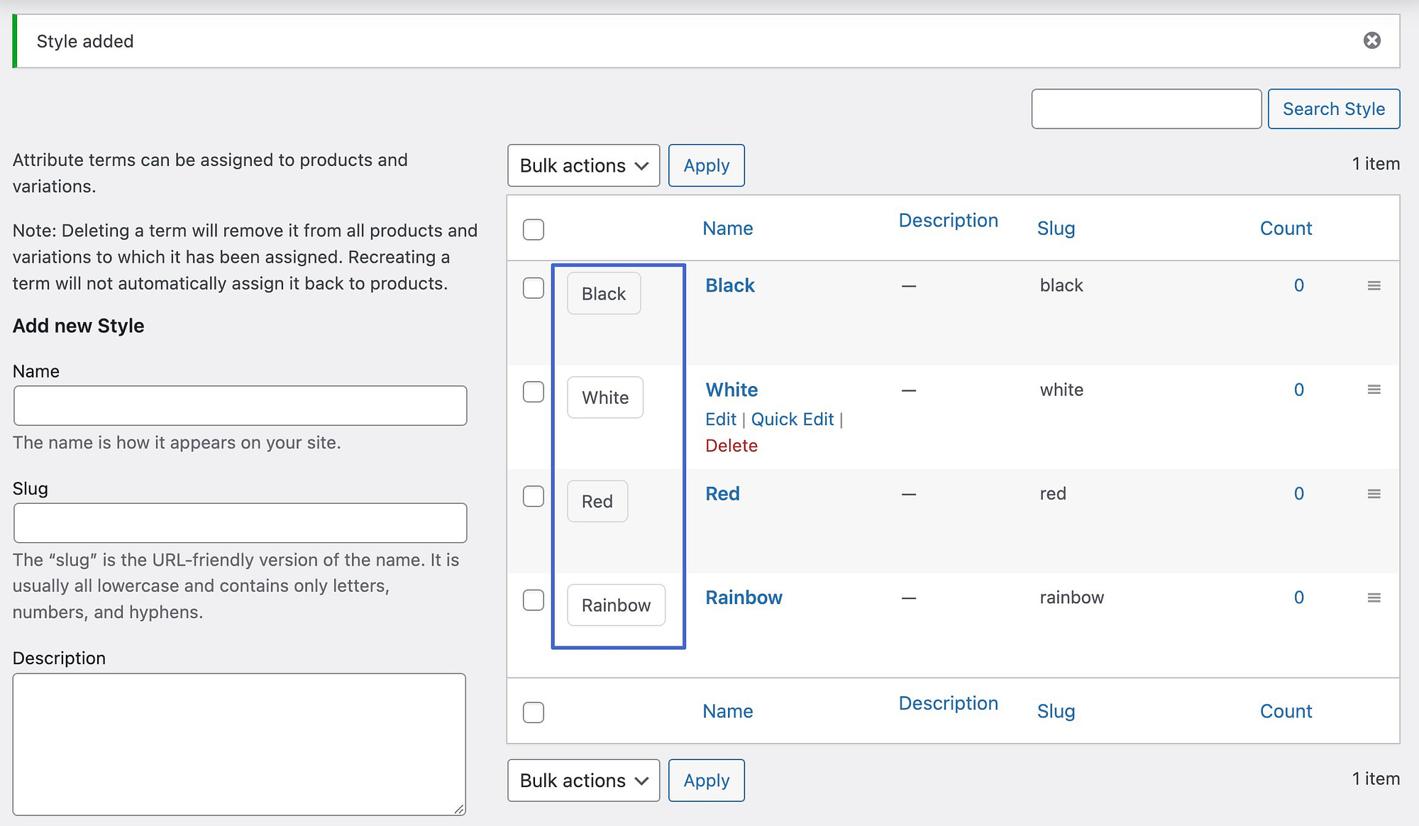 viewing all terms for label variation swatches for WooCommerce
