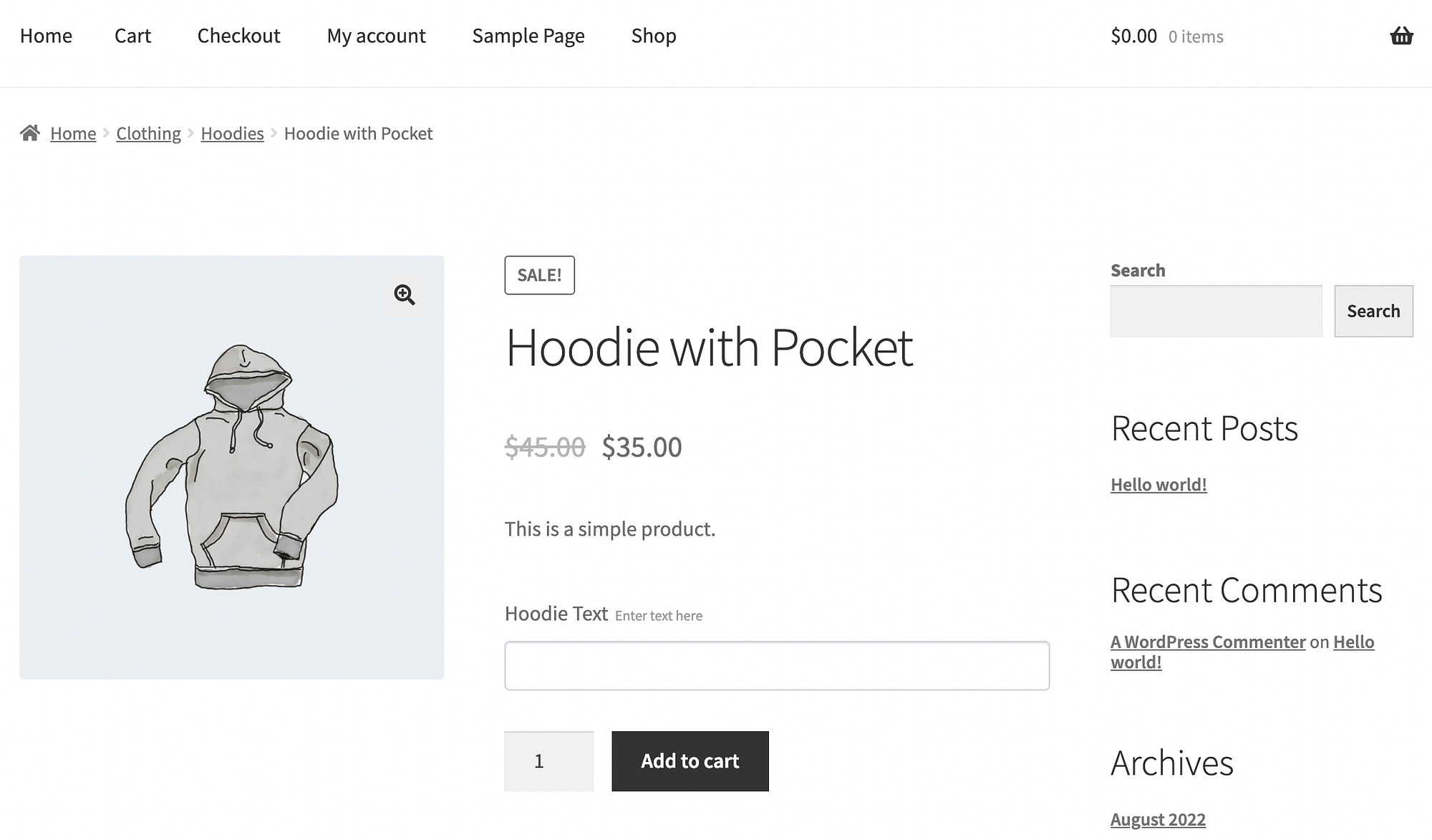 A front-end view of a WooCommerce product with a custom text field.