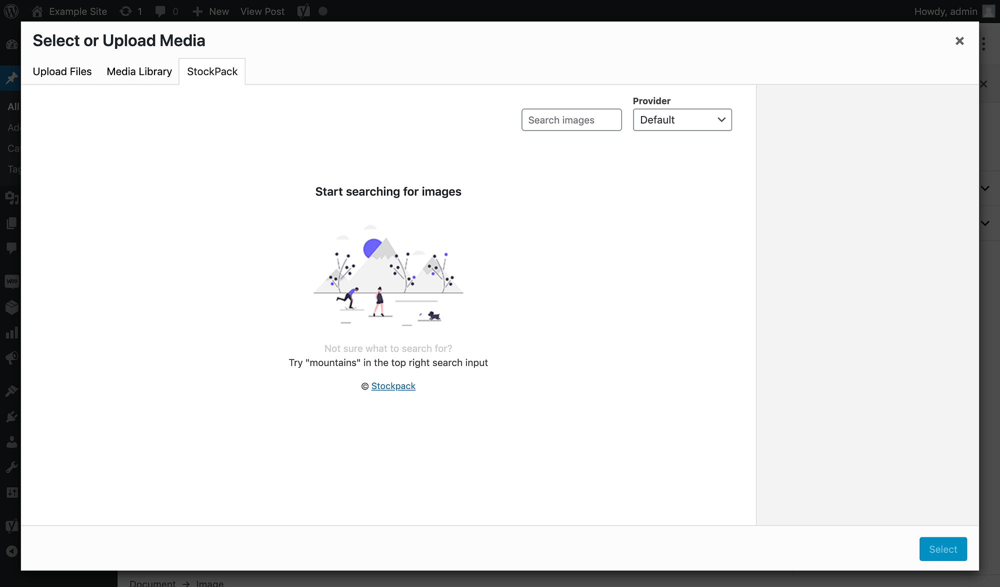 Adding WordPress stock photos to an image block via StockPack.