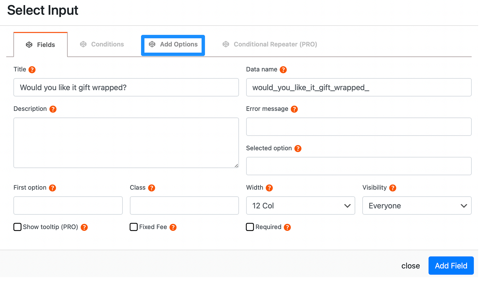 Add options to your Select field