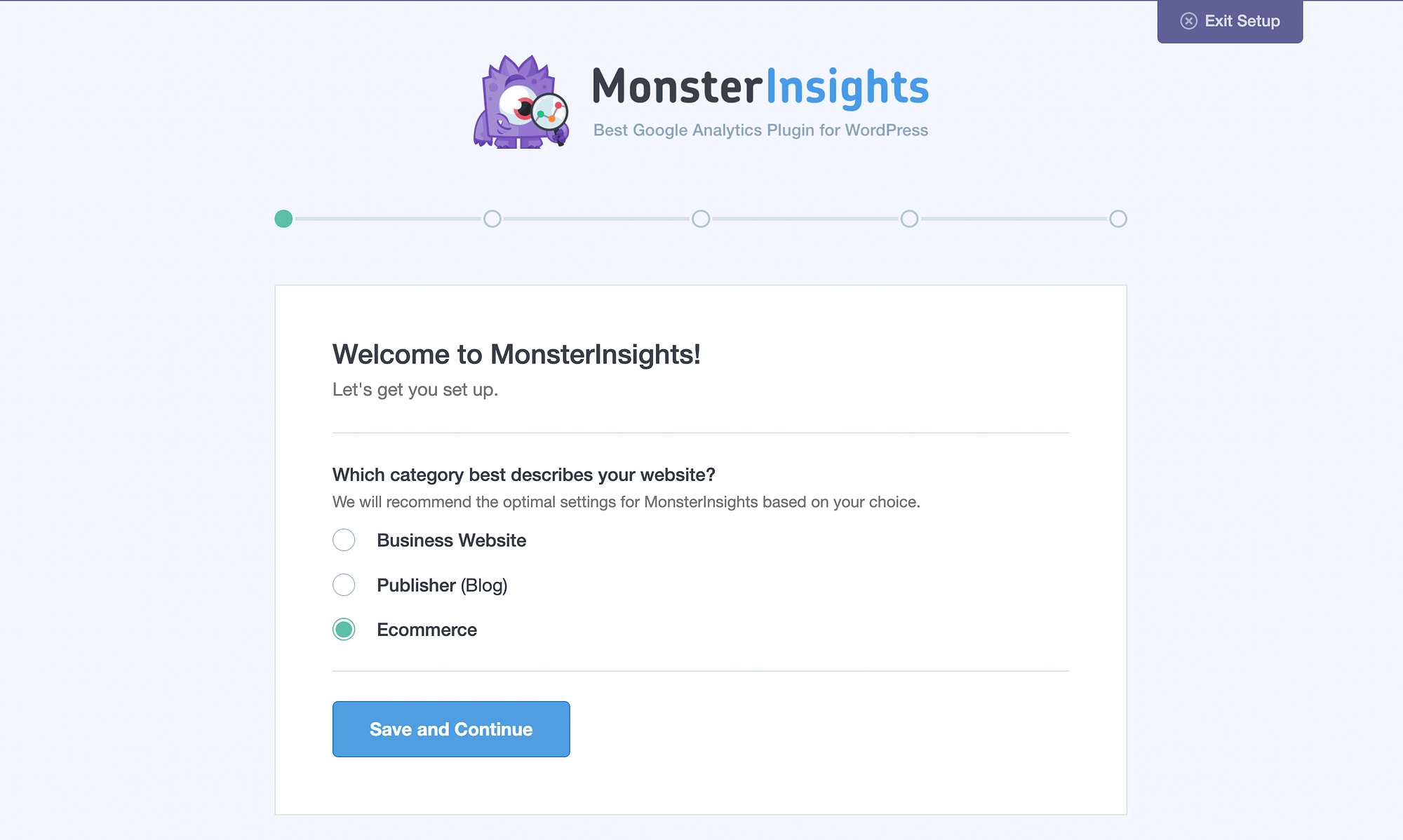 MonsterInsights setup wizard welcome.