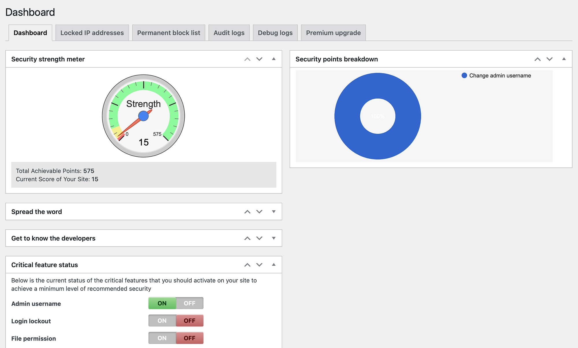 Wordfence vs All-In-One WP Security: All-In-One WP Security dashboard.