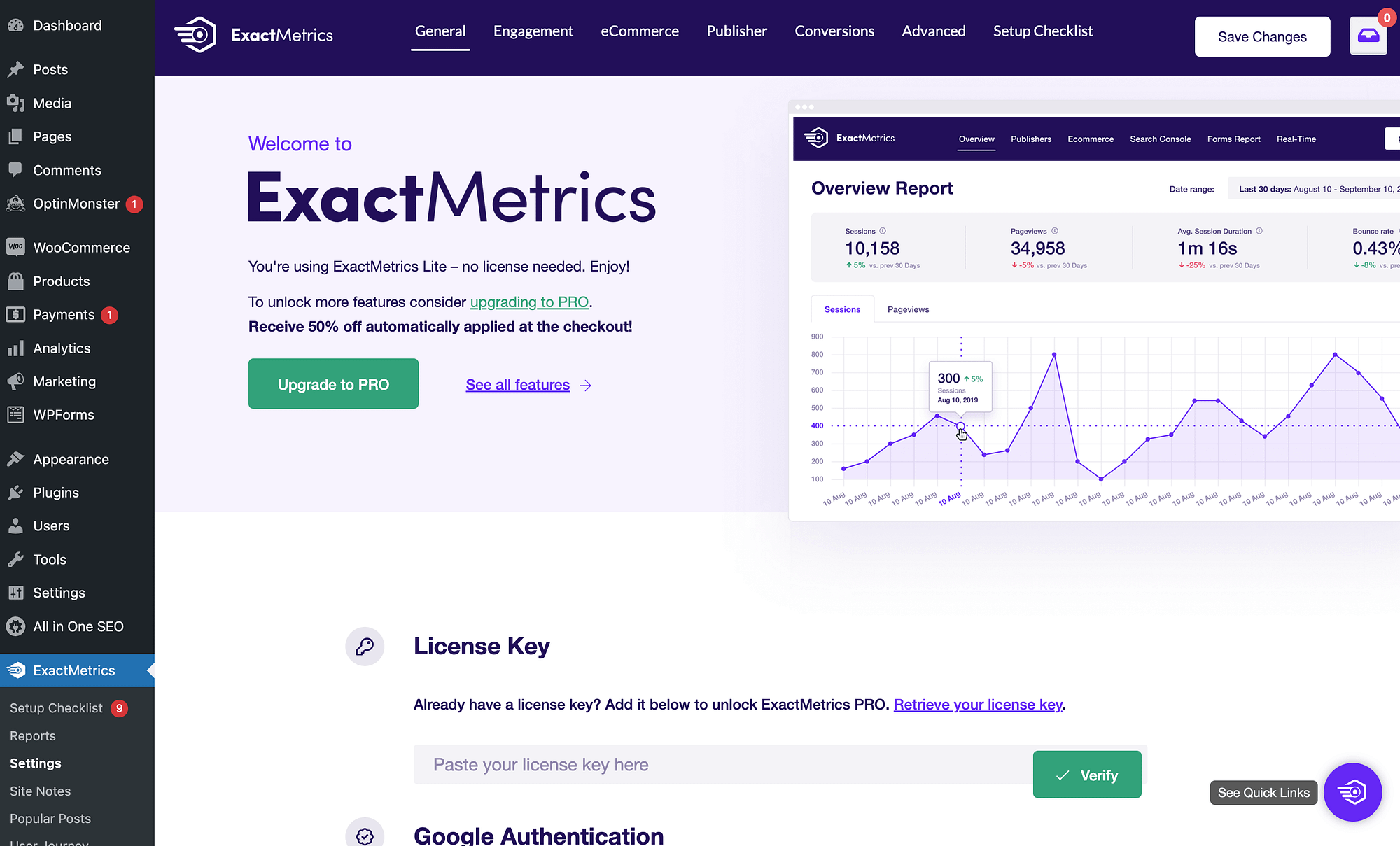 Comparing MonsterInsights vs ExactMetrics dashboards.