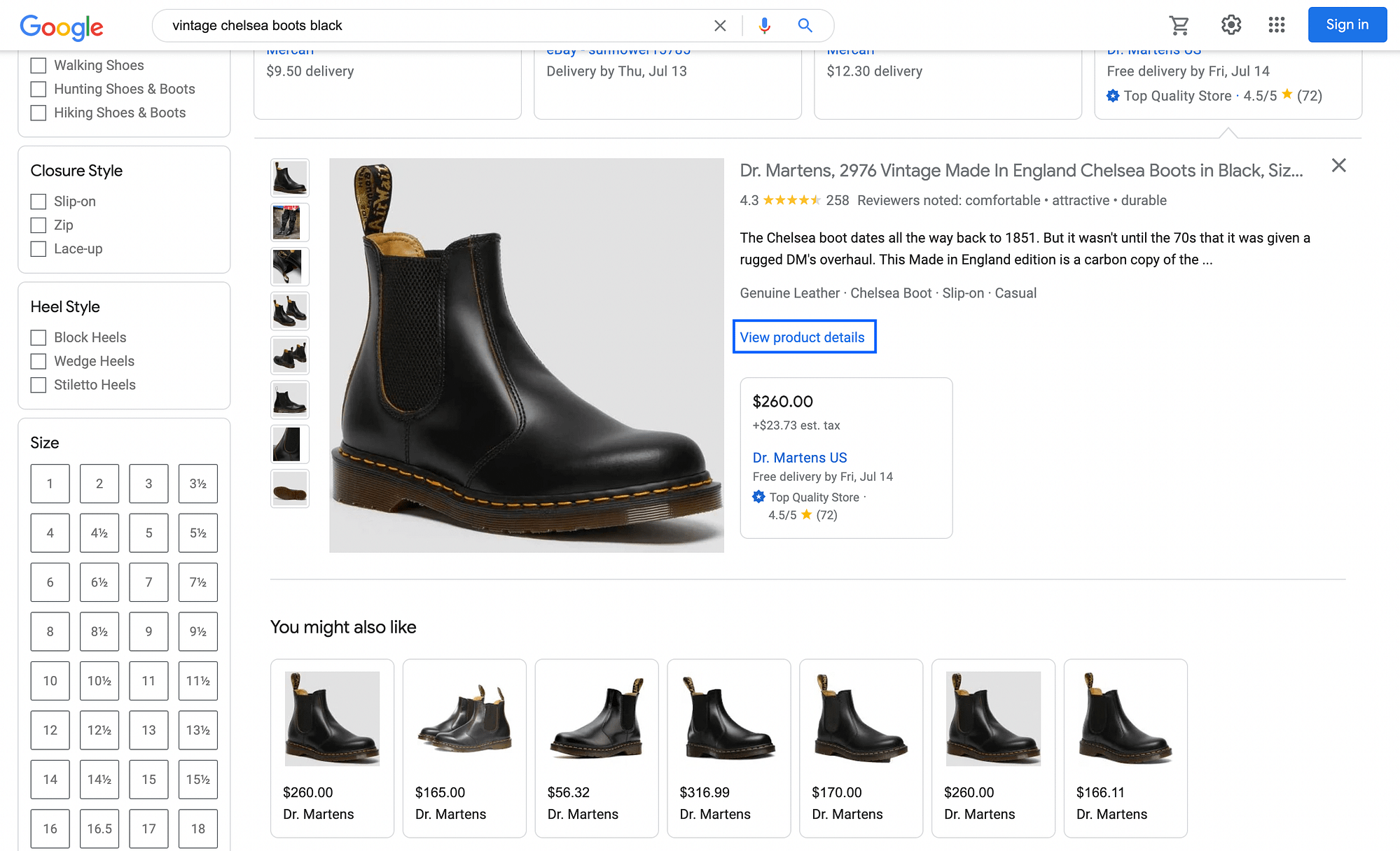 An example of a product listing summary in Google Shopping ("vintage chelsea boots black" search).