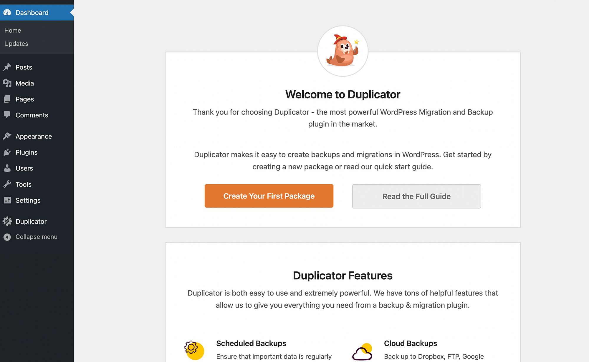این "به Duplicator خوش آمدید" صفحه نمایش