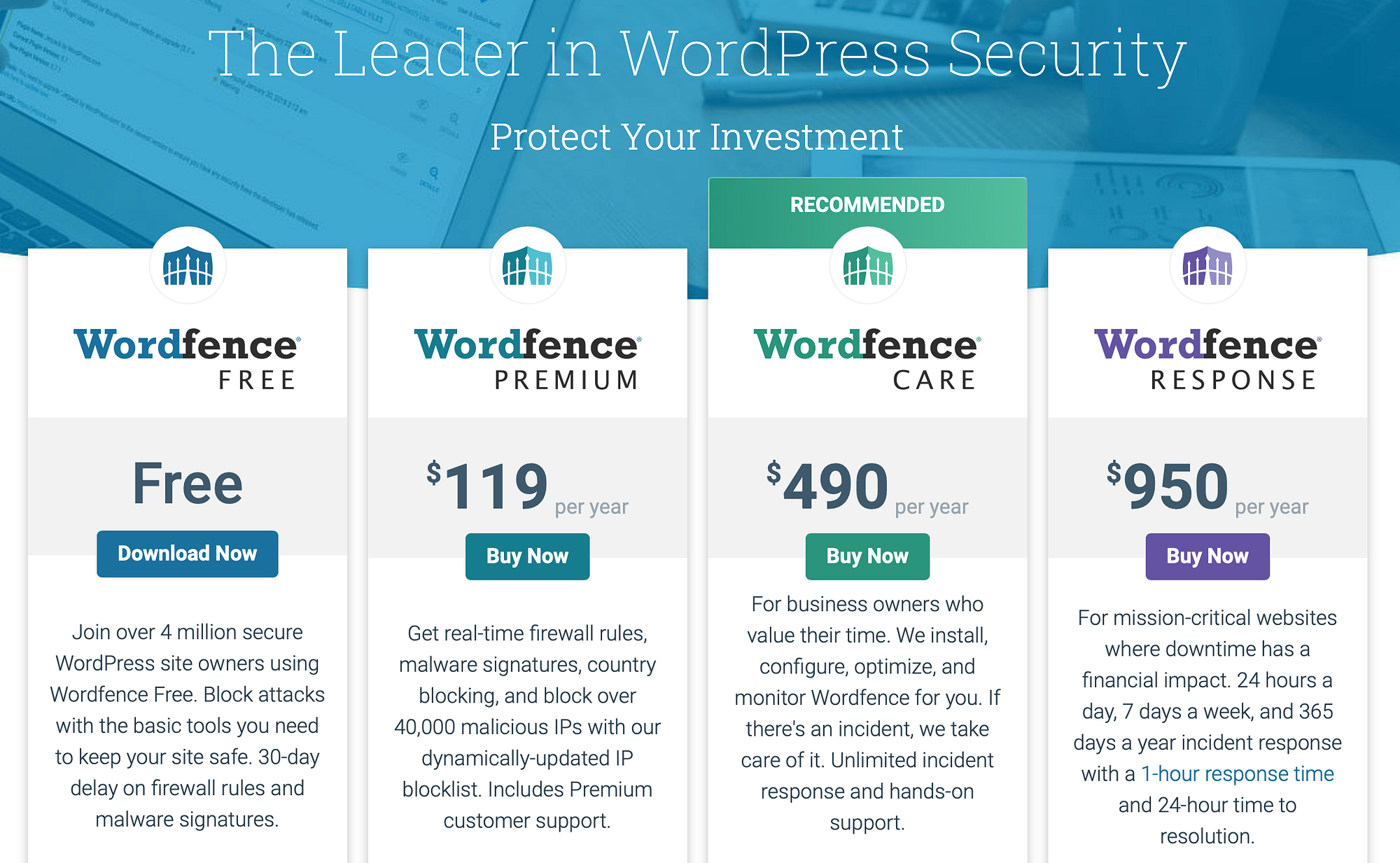 Wordfence vs All-In-One WP Security: Wordfence Security plans.