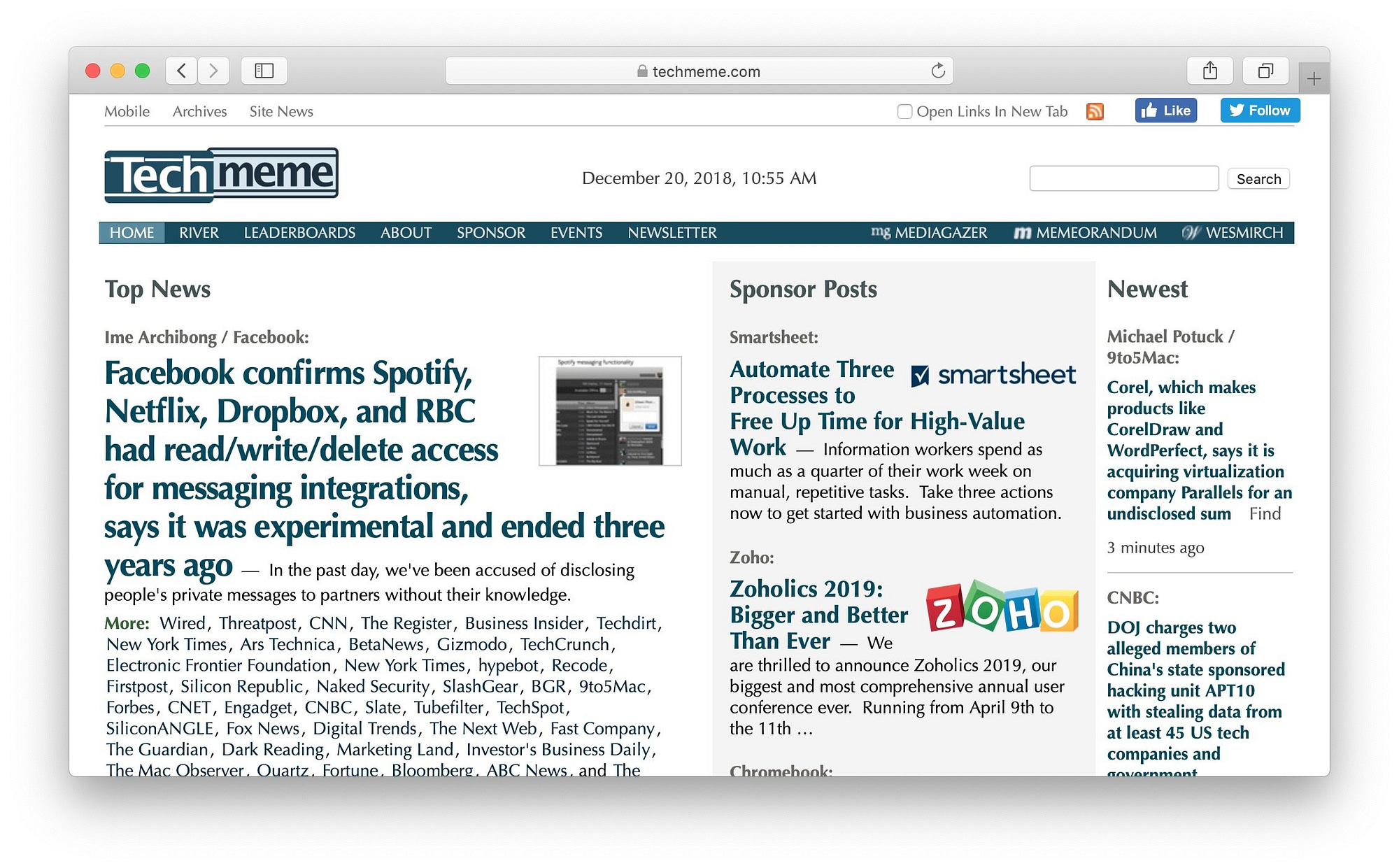 The front page of the TechMeme content aggregator