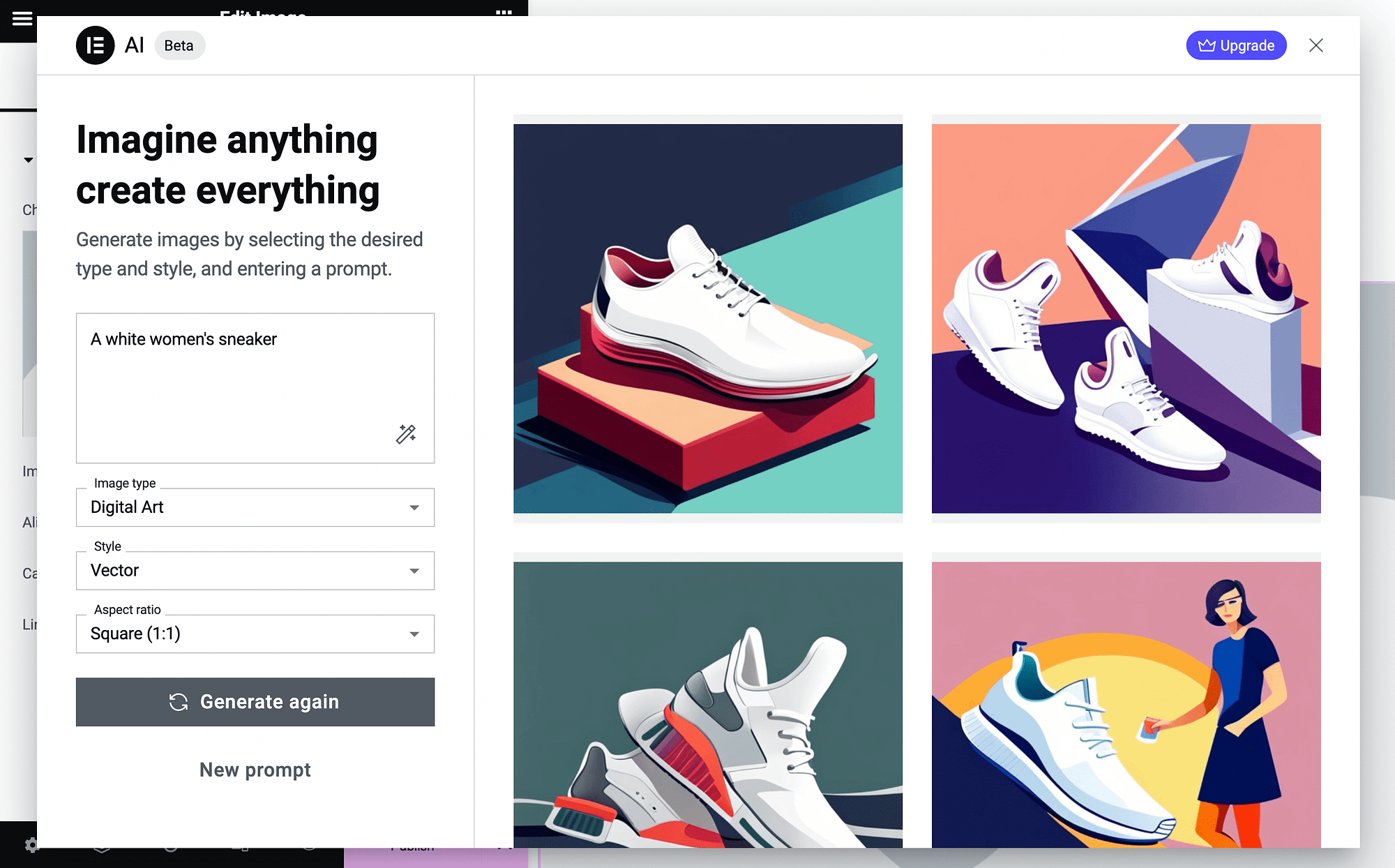 An example of a white-colored women's sneaker generated with Elementor AI.