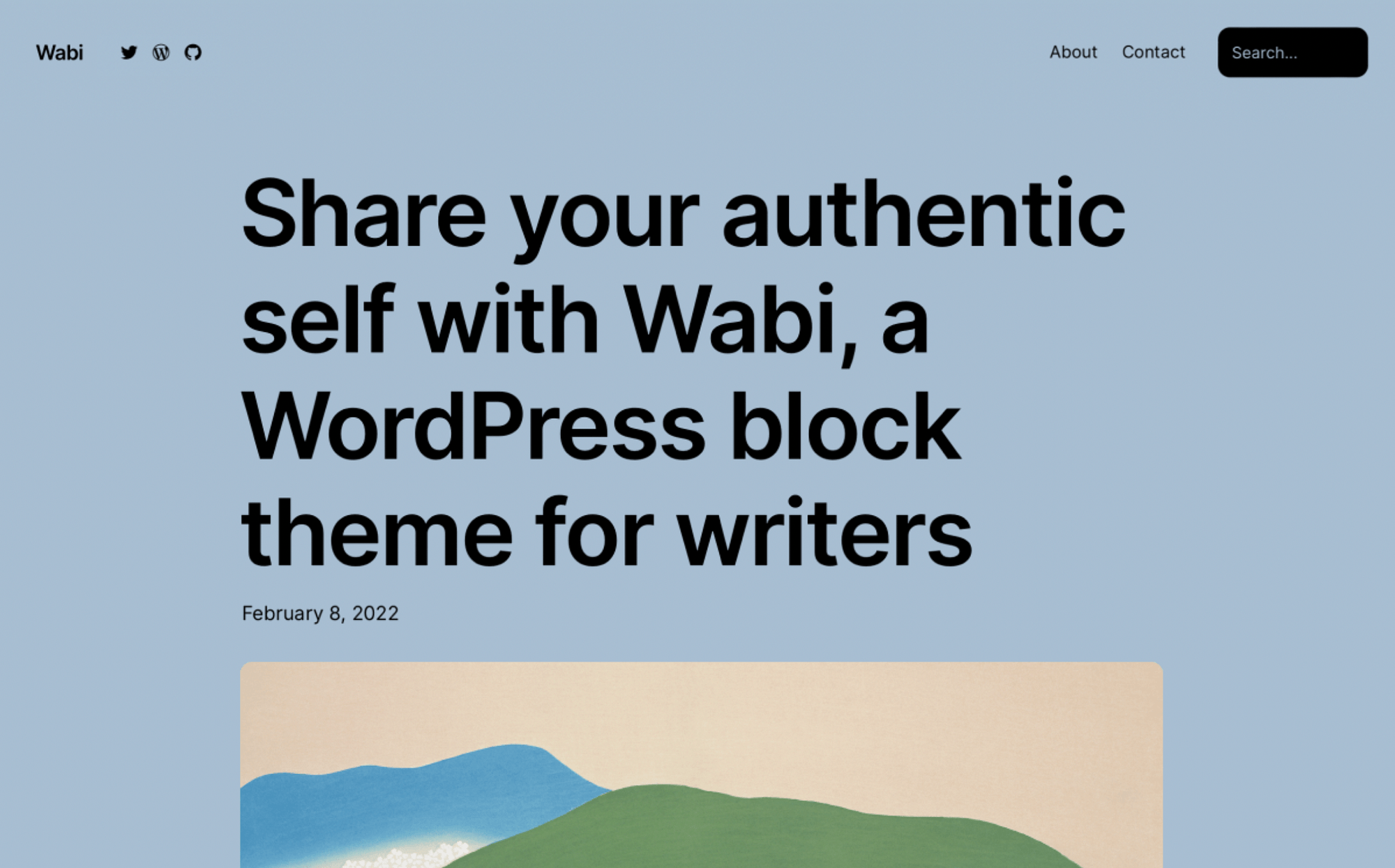 Wabi is a simplistic full site editing theme with bold typography.
