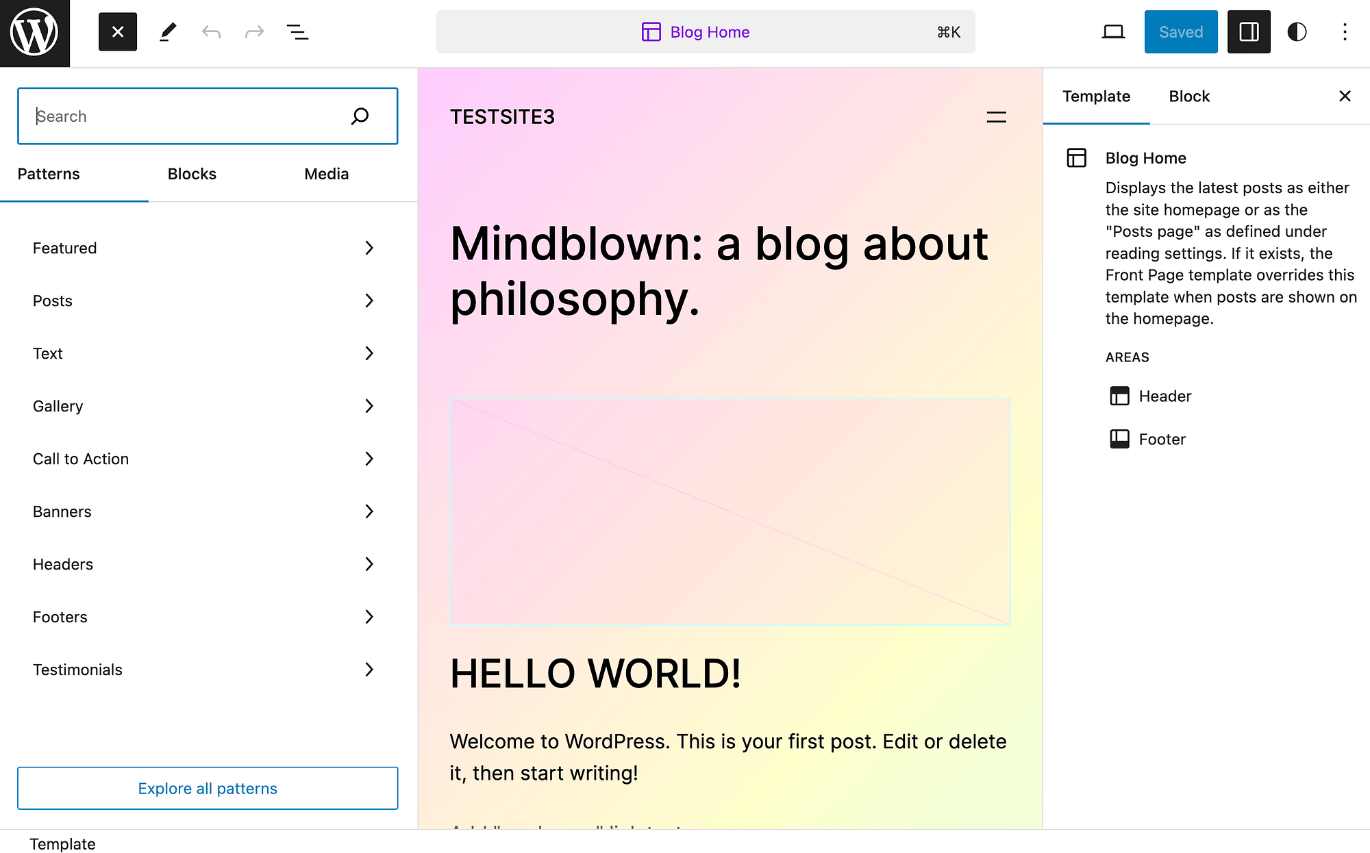 Add patterns, blocks, or media to your WordPress blog page.