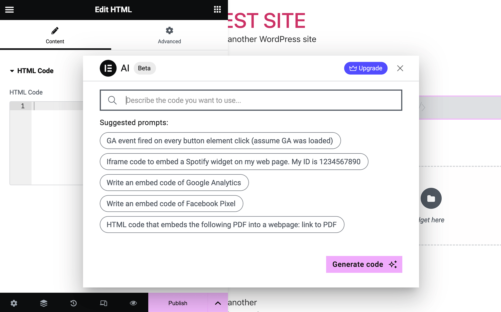 Elementor AI suggested prompts for the HTML widget.