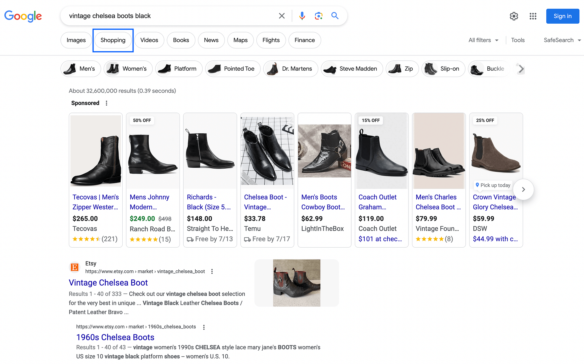 An example of a product search in Google, using the search term "vintage chelsea boots black".