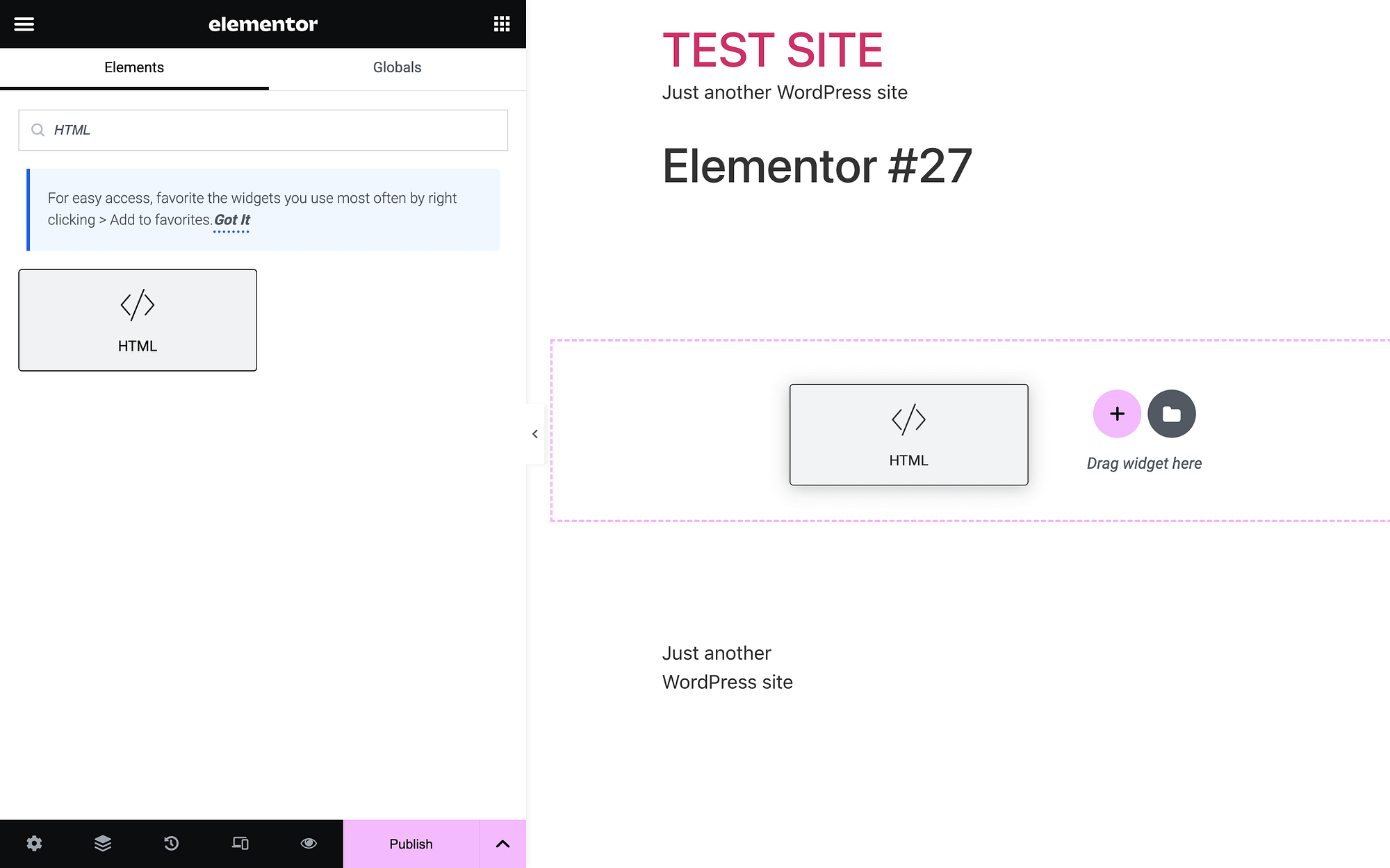 Adding an HTML widget to an Elementor page.