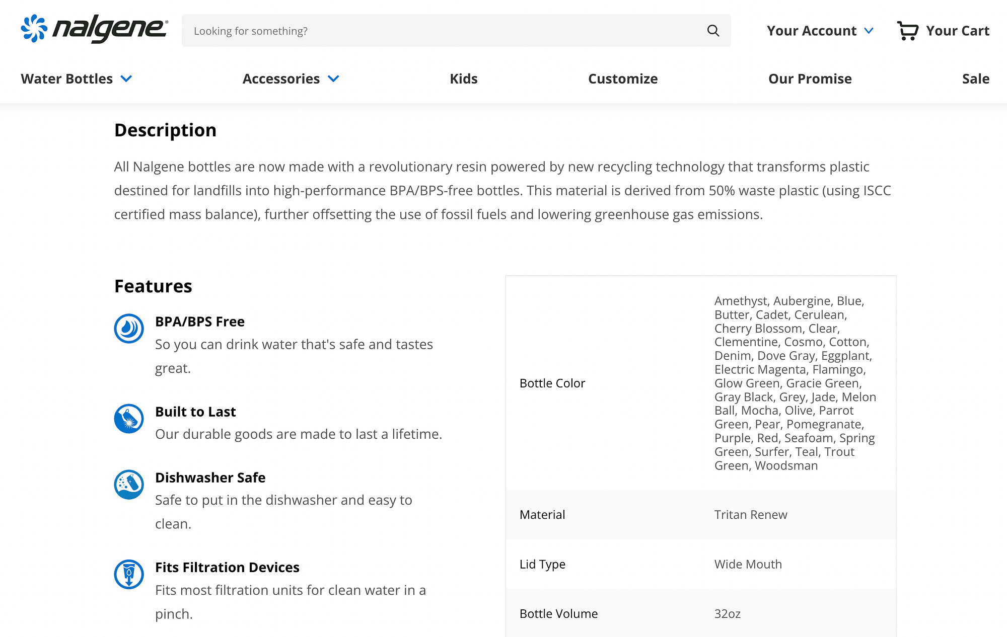 An example of a product description on the Nalgene water bottle website.