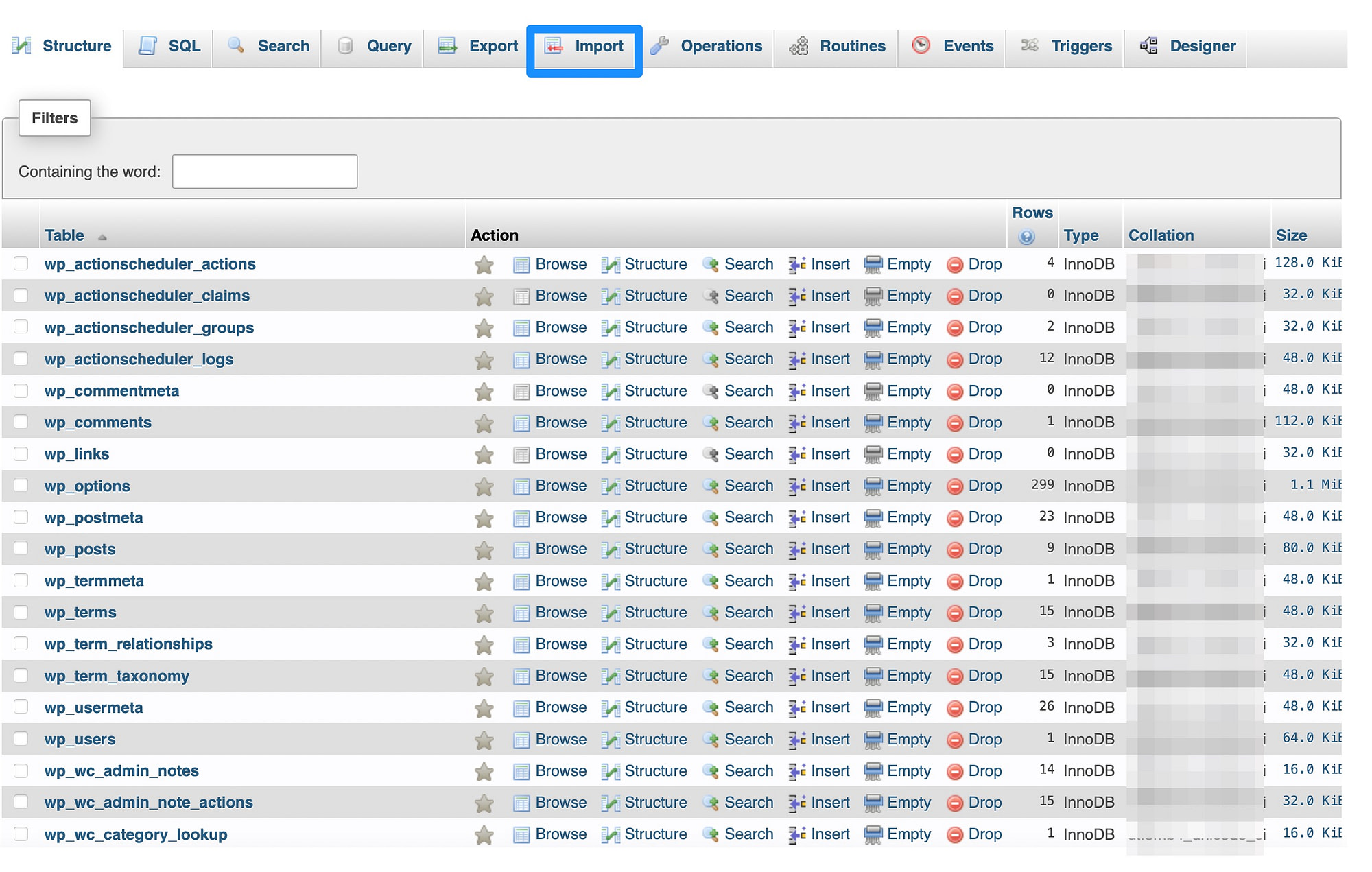 Restore a WordPress database using phpMyAdmin.