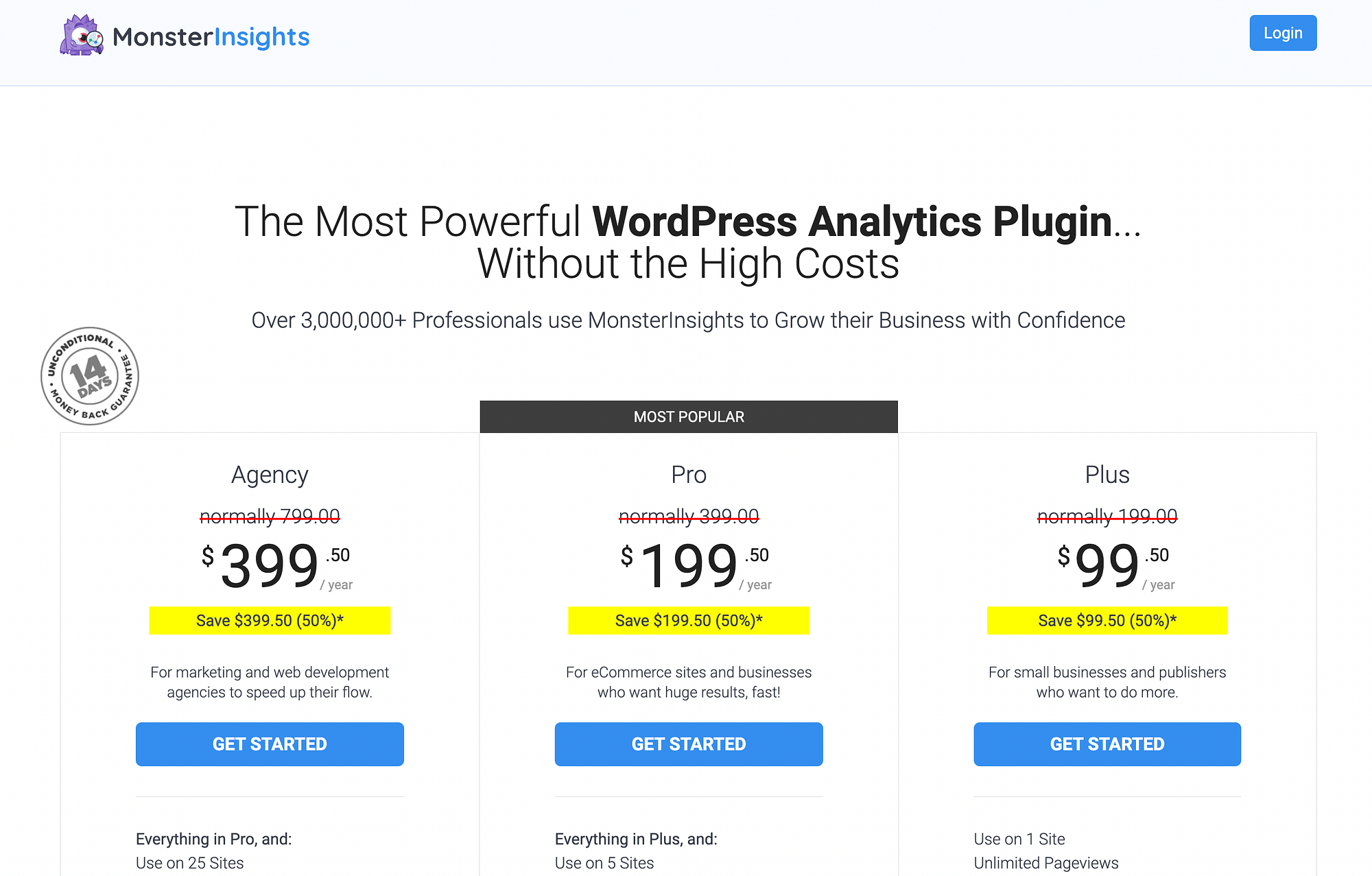 MonsterInsights pricing page.