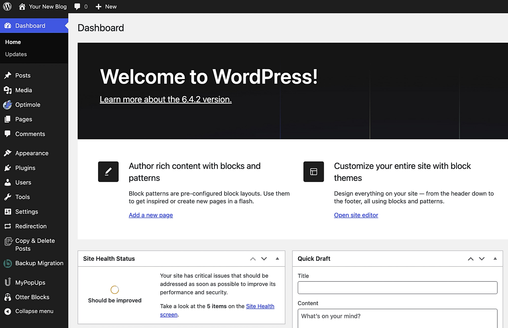 The WordPress dashboard on a free WordPress blog.