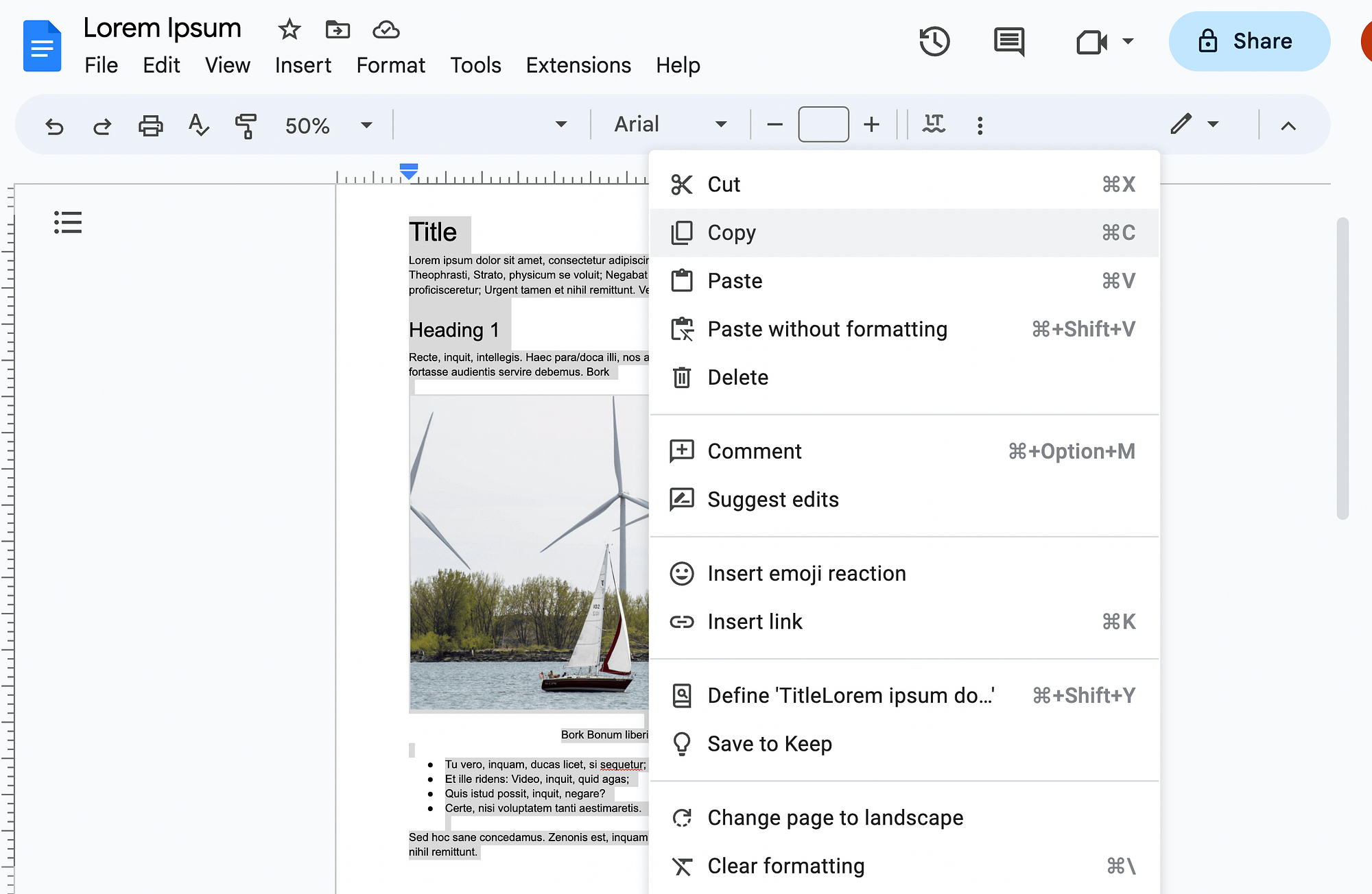 Copying content in a Google Doc.