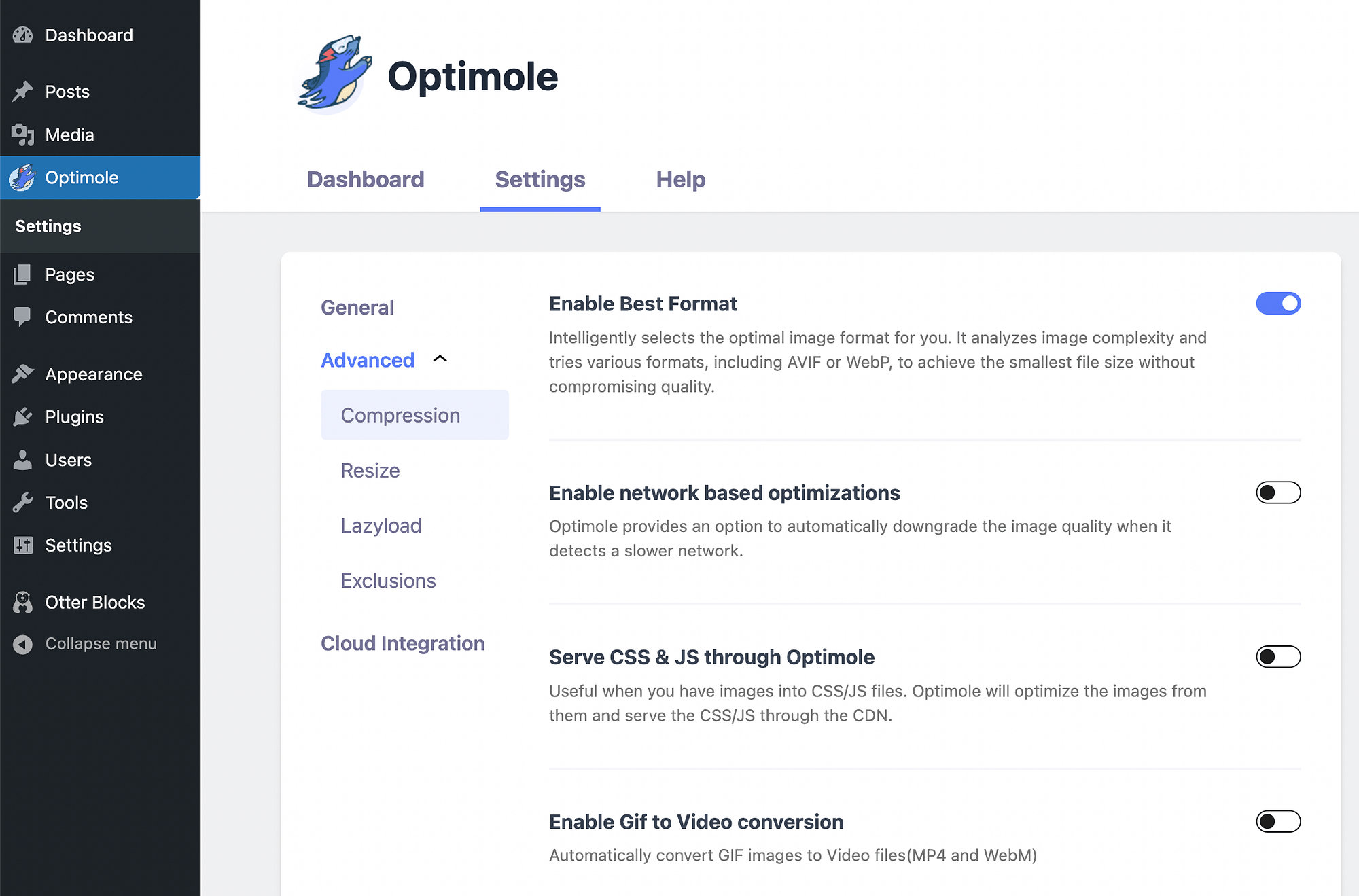 Optimole's advanced settings.