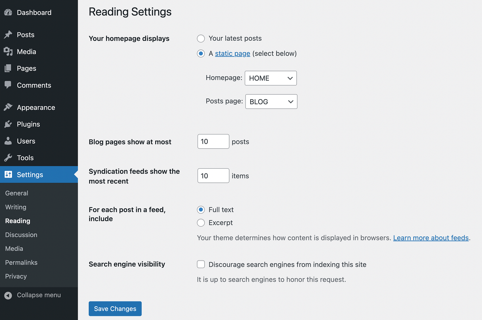 Changing your WordPress reading settings.