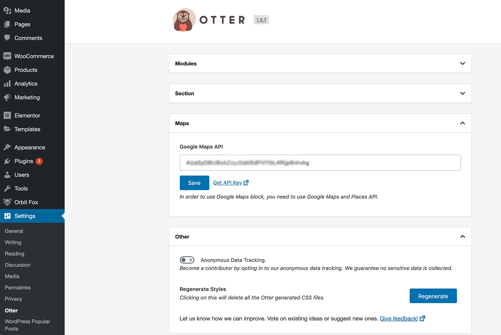 Otter Blocks Google Maps API and Settings.