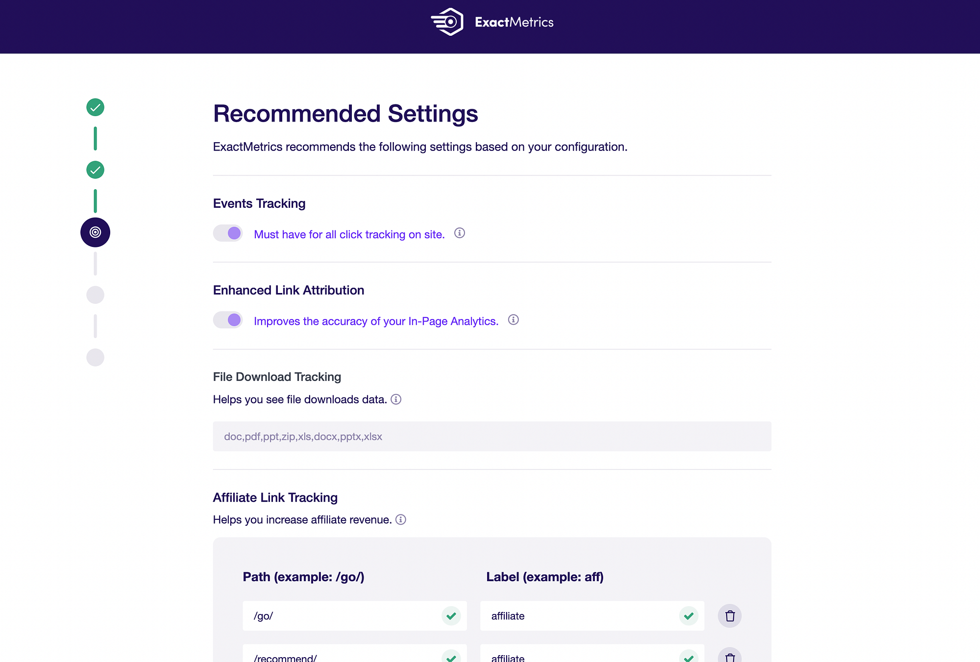 Configure the recommended settings in ExactMetrics.