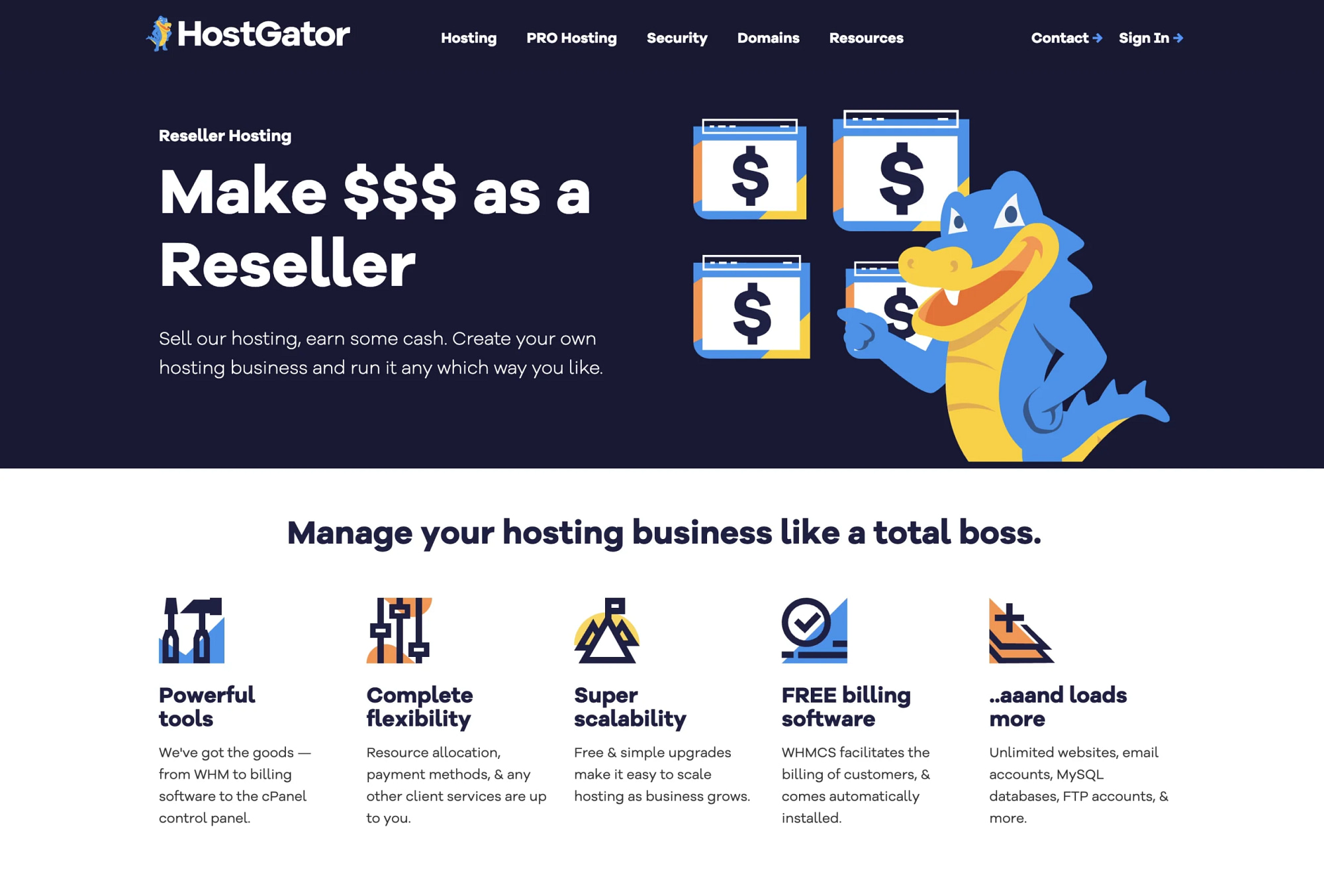 HostGator's reseller hosting page.