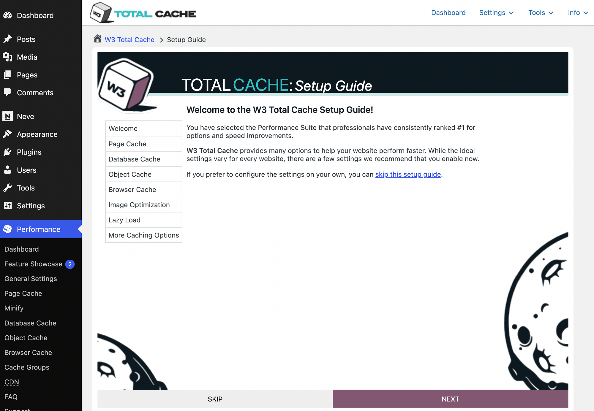 The welcome page of the W3 Total Cache setup guide.
