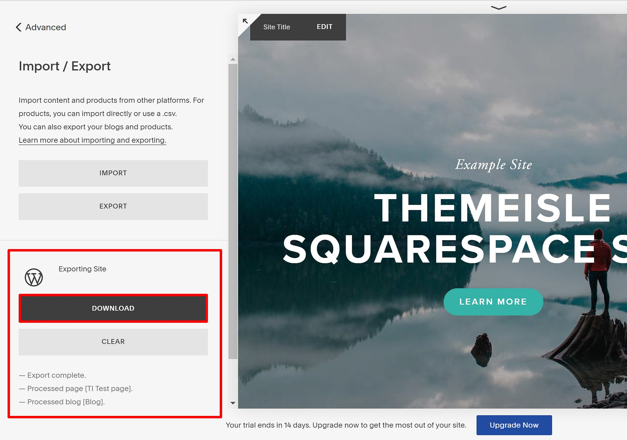 Download export file from Squarespace