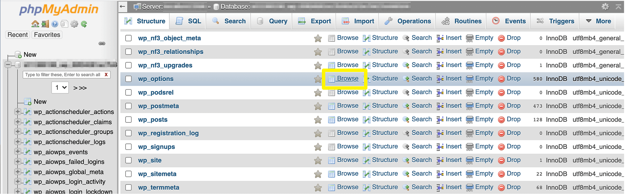 Accessing the wp_options table in phpMyAdmin.