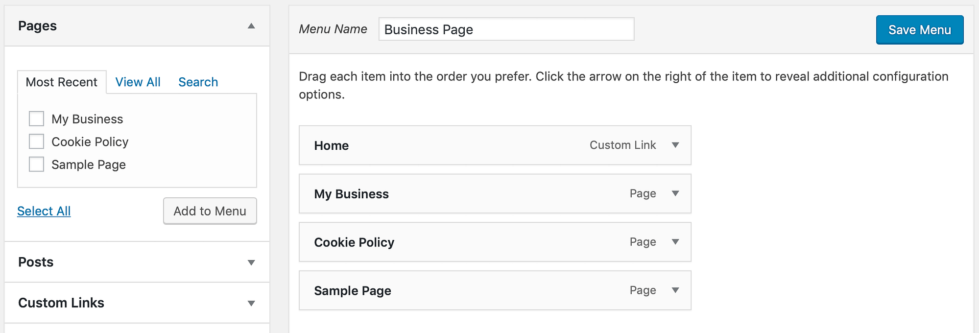 Some menu options in WordPress.