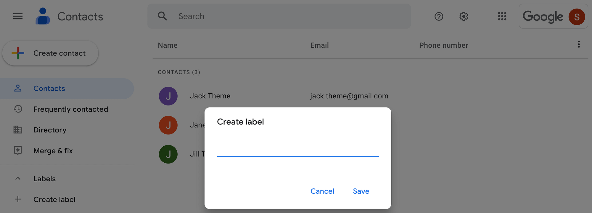 Create label in Google Contacts.
