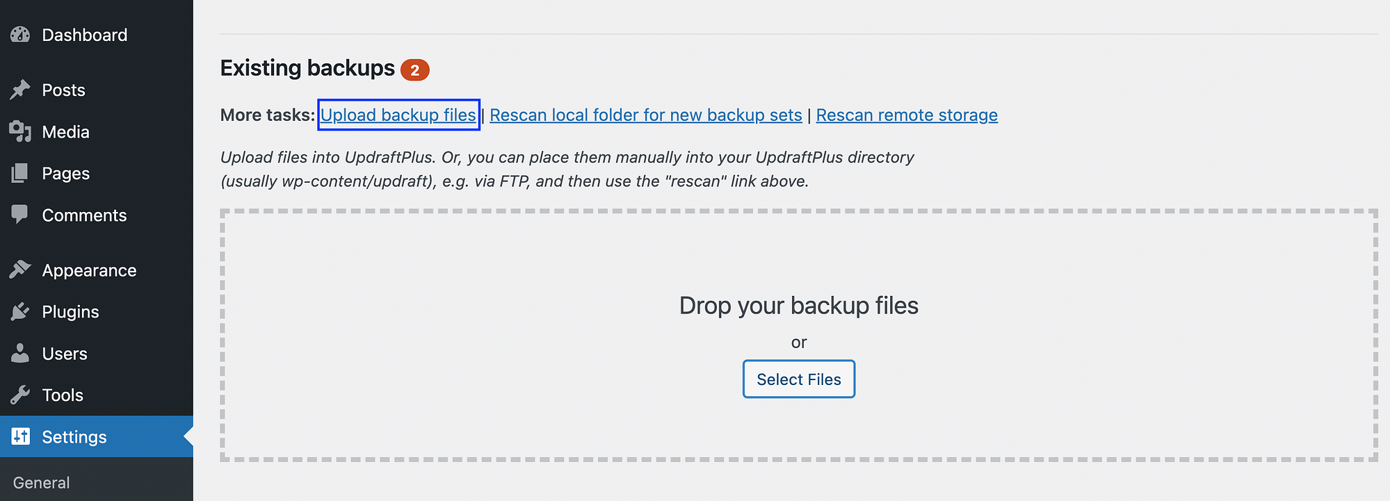 Cargue archivos de copia de seguridad desde una fuente externa.