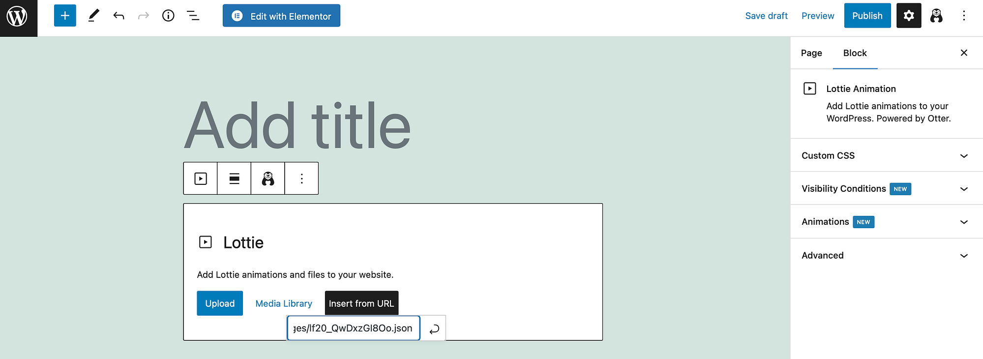 Вставка URL-адреса анимации Lottie в блок Otter