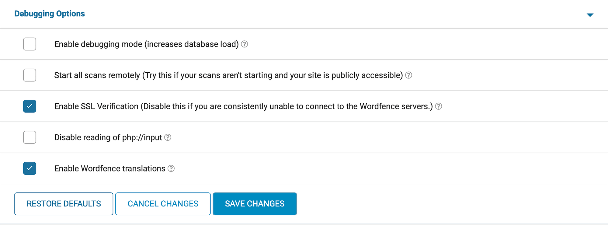 گزینه های اشکال زدایی در Wordfence Security.