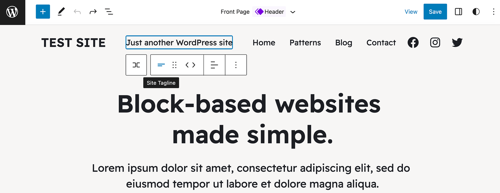 The Site Tagline block in the Site Editor.