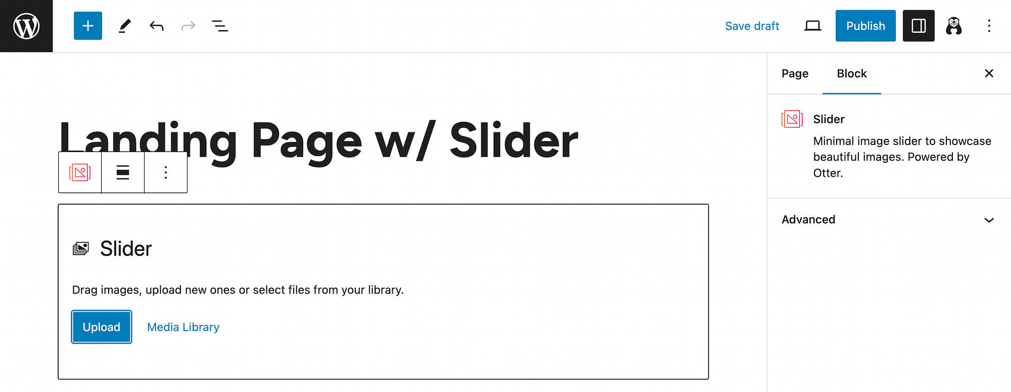 Adding a slider block in the WordPress editor.