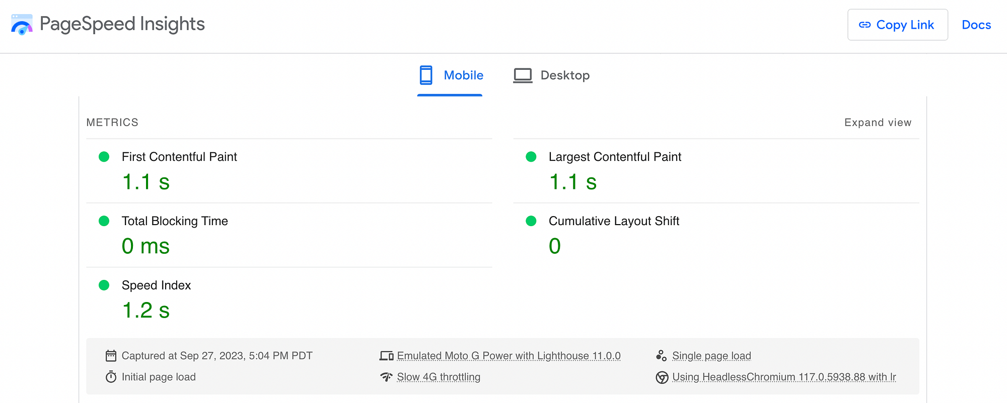 WP Super Cache website's speed scores after further setting customizations.